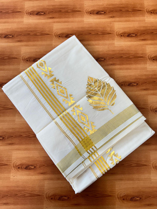 Double Off White (Unbleached) Mundu/Dhoti - 20% Discount!! KaithariKada Mixed Cotton (60s) - 2.5 inch Gold Kasav Striped & Printed Designer Kara 4 mtr (8.5 Muzham) - 12 KK5487 CKS