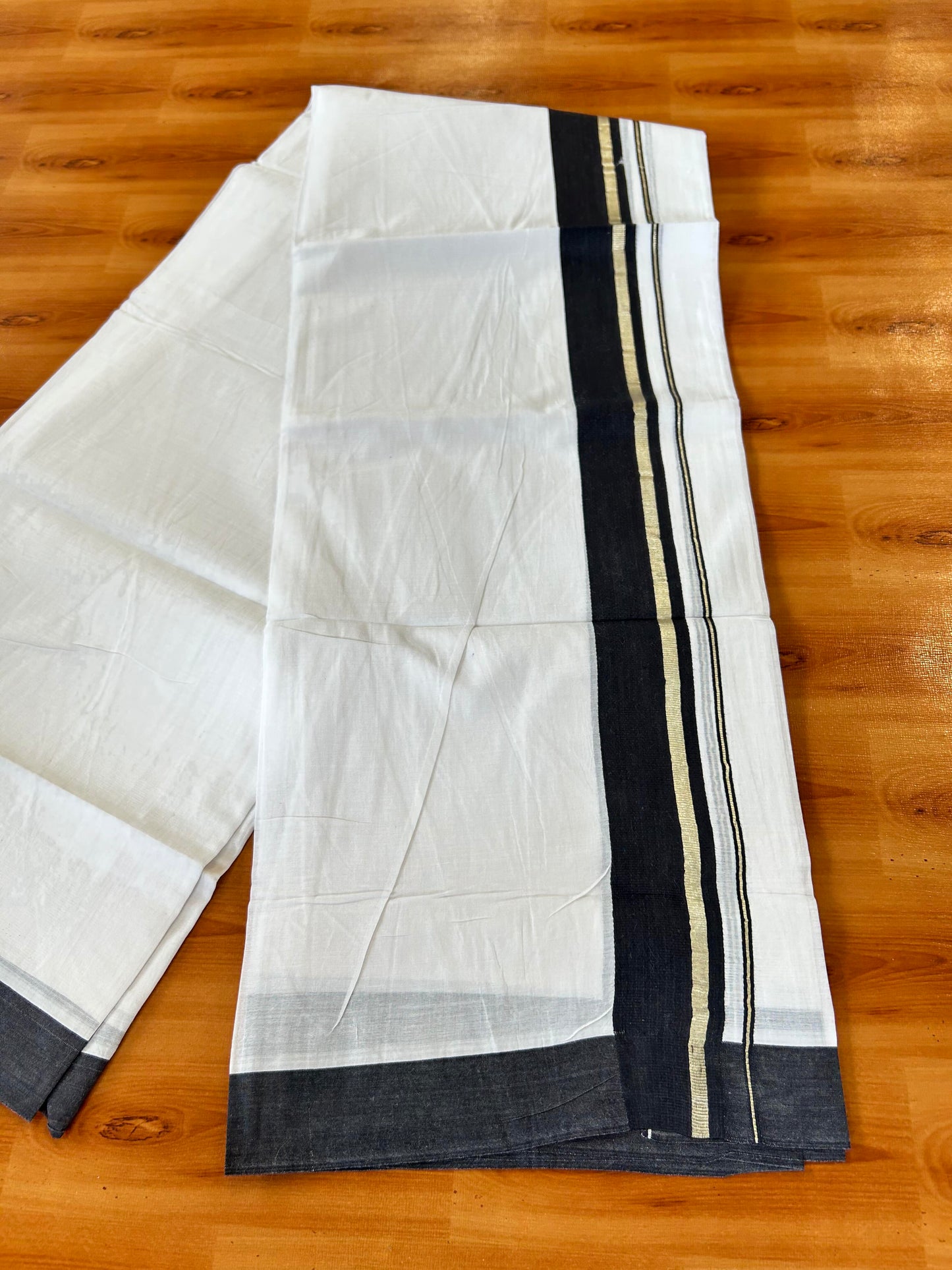Pure White Double Mundu/Dhoti - 20% Discount ! Kaitharikada 100% Cotton - 100x80 - 1.75 inch Silver Kasav & Black Stripes Kara 3.80 mtr (8 muzham) - 16 KK5456 THI