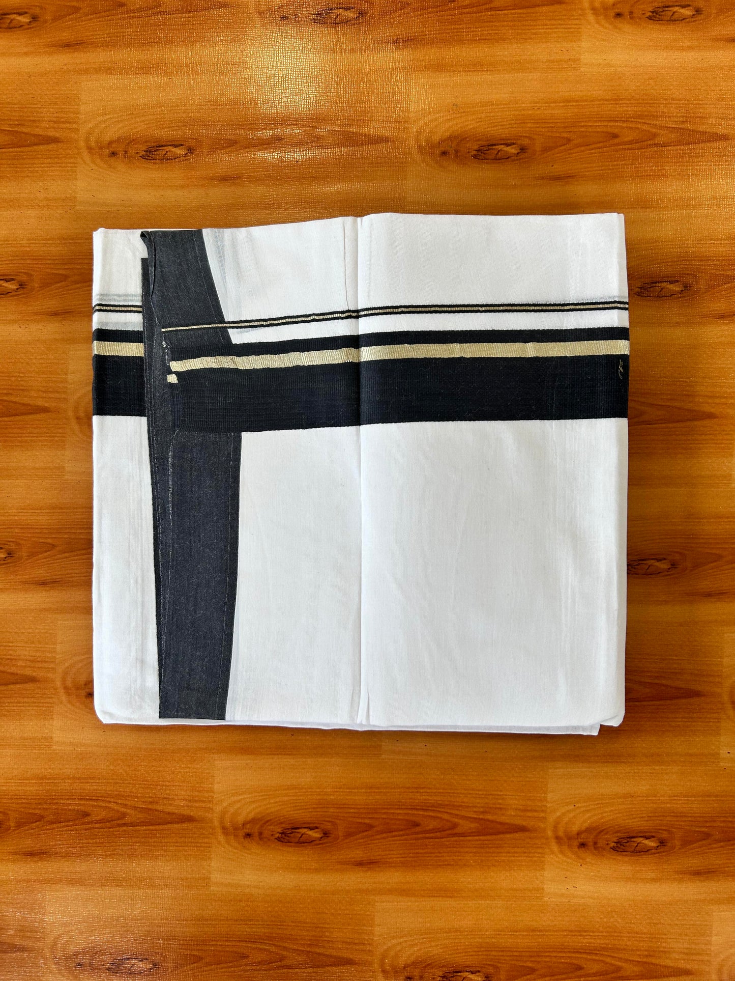Pure White Double Mundu/Dhoti - 20% Discount ! Kaitharikada 100% Cotton - 100x80 - 1.75 inch Silver Kasav & Black Stripes Kara 3.80 mtr (8 muzham) - 16 KK5456 THI