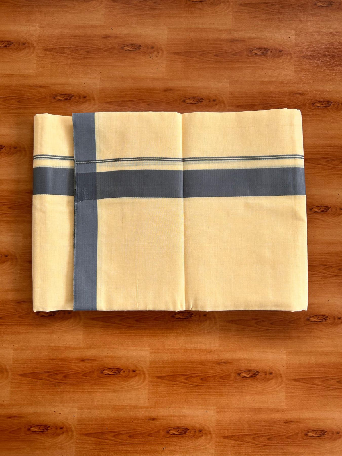 Kannur Yellow Double Mundu/Dhoti - 20% Discount! KaithariKada - 60s - 50% Cotton & 50% Polyester - Kannur Yellow Colour Body with 1.25 inch Ash Grey Kara - 4 mtr (8.5 muzham) - 3 KK5522 VAS
