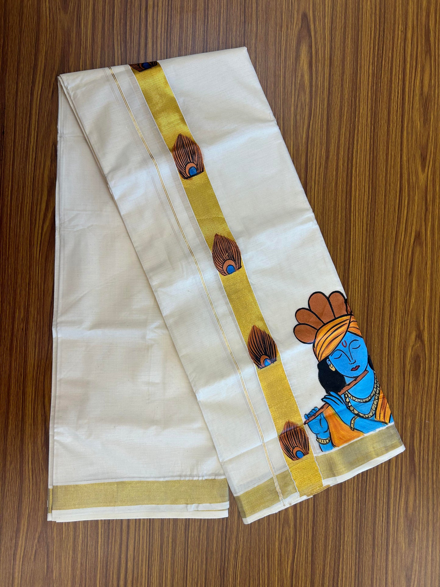 20% Discount! KaithariKada Balaramapuram 100% Cotton off white Double - (Unbleached) Mundu/Dhoti (80s) - 1.5 Inch Gold Kasavu Hand Painted Peacock Feather & Krishna - 39 KK5363 VIN