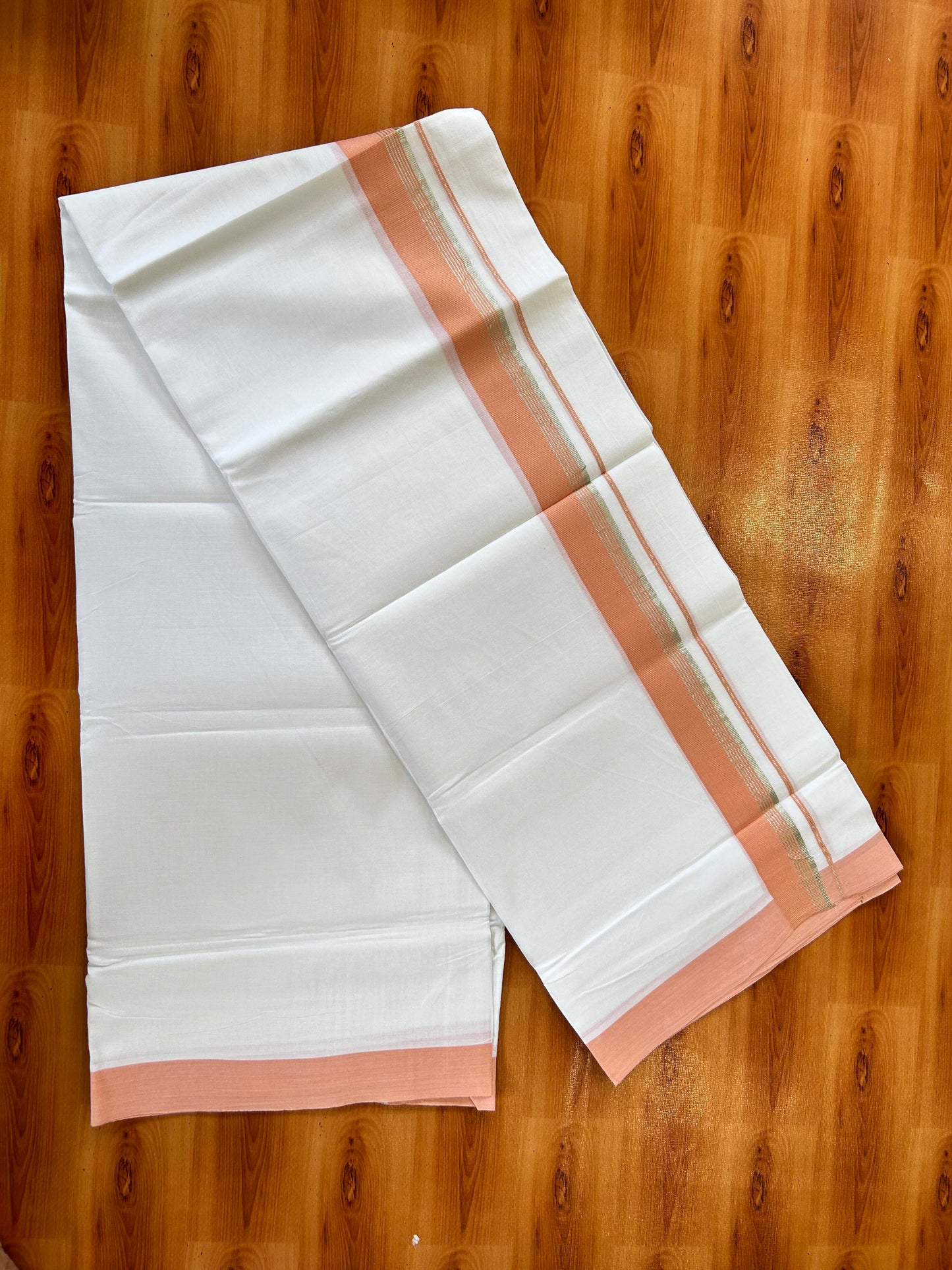 Pure White Double Mundu/Dhoti - 20% Discount ! Kaitharikada Balaramapuram 100% Cotton - 100x80 - 1.5 inch Silver Kasav & Peach Orange Stripes Kara 3.80 mtr (8 muzham) - 4 KK5456 THI