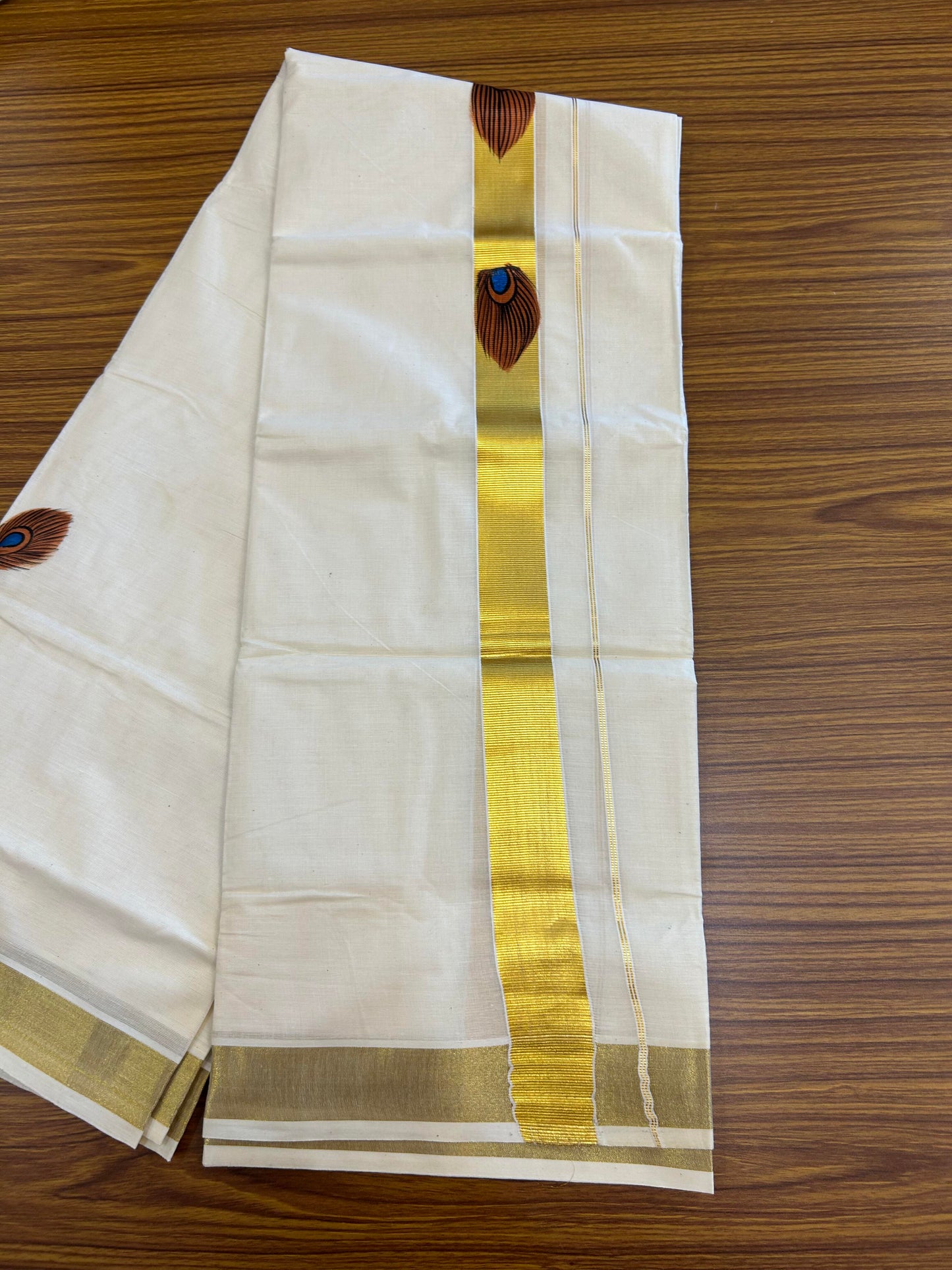 20% Discount! KaithariKada Balaramapuram 100% Cotton off white Double - (Unbleached) Mundu/Dhoti (80s) - 1.5 Inch Gold Kasavu Hand Painted Peacock Feather & Krishna - 39 KK5363 VIN