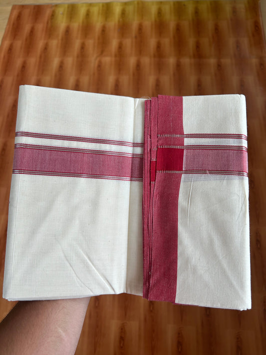 20% Discount!! KaithariKada Balaramapuram 100% Cotton Double Off White - (Unbleached) Mundu/Dhoti-100x80 - 1.25 inch Silver Kasav & Red Shaded Striped Kara- 3.75 mtr (8 Muzham) - 28 KK5381 ASH