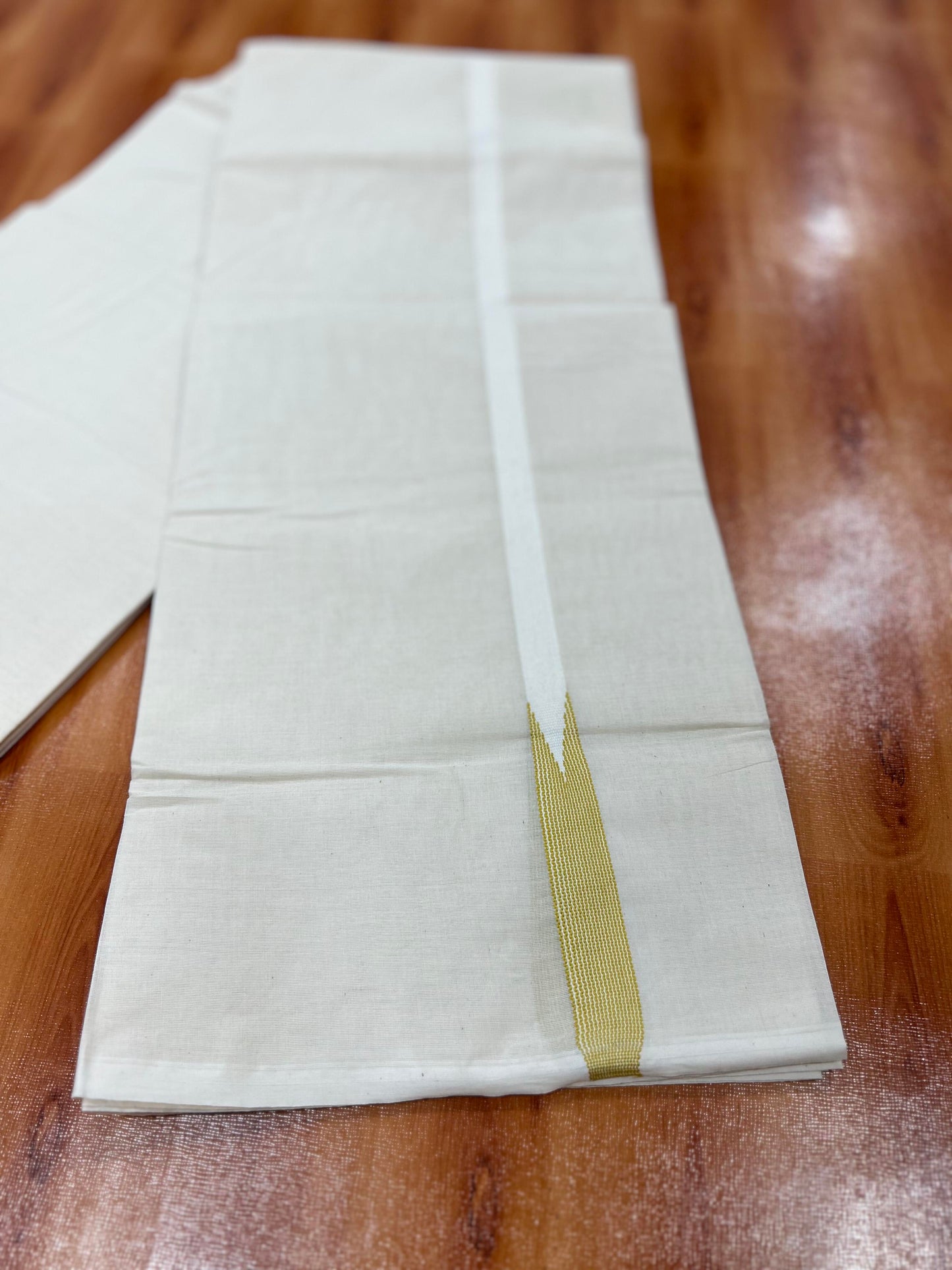 Double Off white Mundu/Dhoti - 20% Discount! KaithariKada Balaramapuram 100% Cotton - 100x100 - 0.5 inch Puliyilakkara Mustard Yellow Striped Chutty Kara - 4 mtr (8.5 muzham) - 8 KK5401 ASH