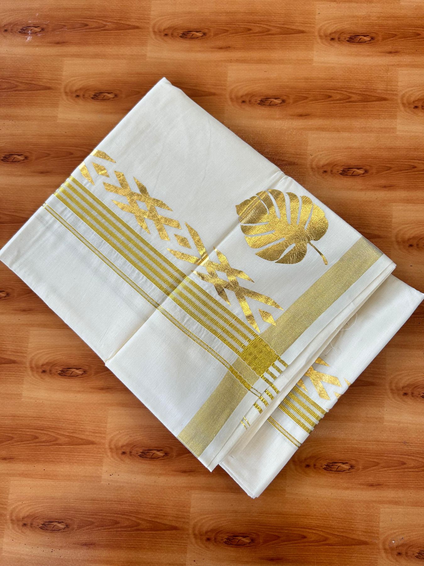 Double Off White (Unbleached) Mundu/Dhoti - 20% Discount!! KaithariKada Mixed Cotton (60s) - 2.5 inch Gold Kasav Striped & Printed Designer Kara 4 mtr (8.5 Muzham) - 13 KK5487 CKS