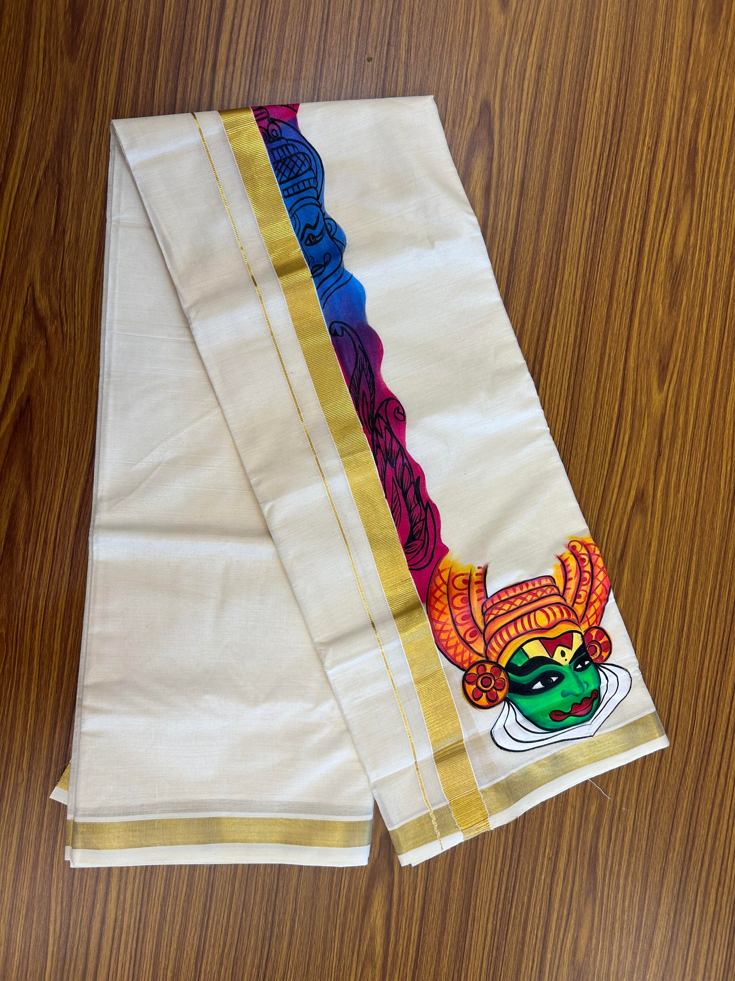 20% Discount! KaithariKada Balaramapuram 100% Cotton off white Double - (Unbleached) Mundu/Dhoti (80s) - 1 Inch Gold Kasavu Hand Painted Blue & Magenta Kadhakali - 28 KK5363 VIN