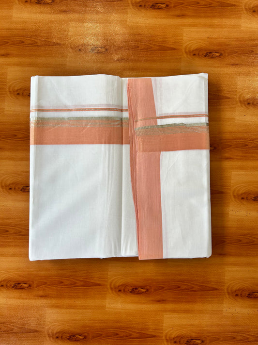 Pure White Double Mundu/Dhoti - 20% Discount ! Kaitharikada 100% Cotton - 100x80 - 1.5 inch Silver Kasav & Peach Orange Stripes Kara 3.80 mtr (8 muzham) - 4 KK5456 THI