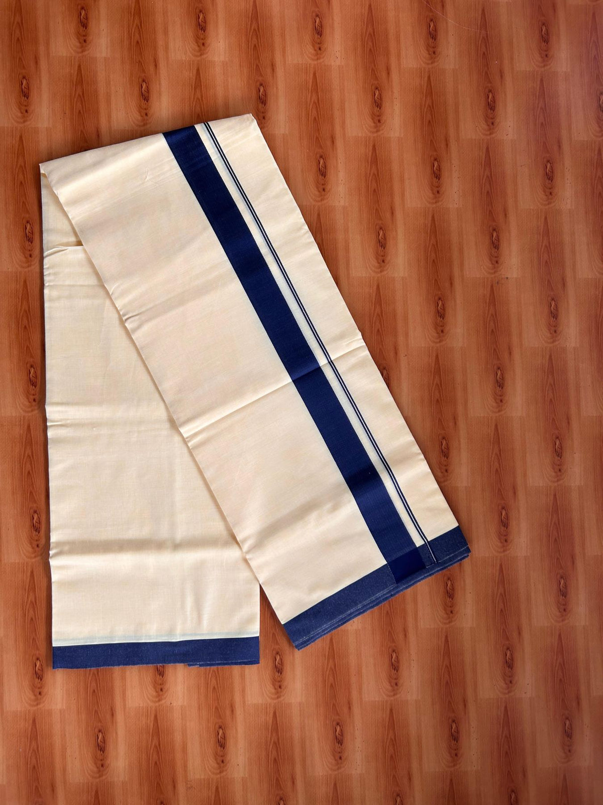 Kannur Yellow Double Mundu/Dhoti - 20% Discount! KaithariKada - 60s - 50% Cotton & 50% Polyester - Kannur Yellow Colour Body with 1.25 inch Navy Blue Kara - 4 mtr (8.5 muzham) - 4 KK5522 VAS