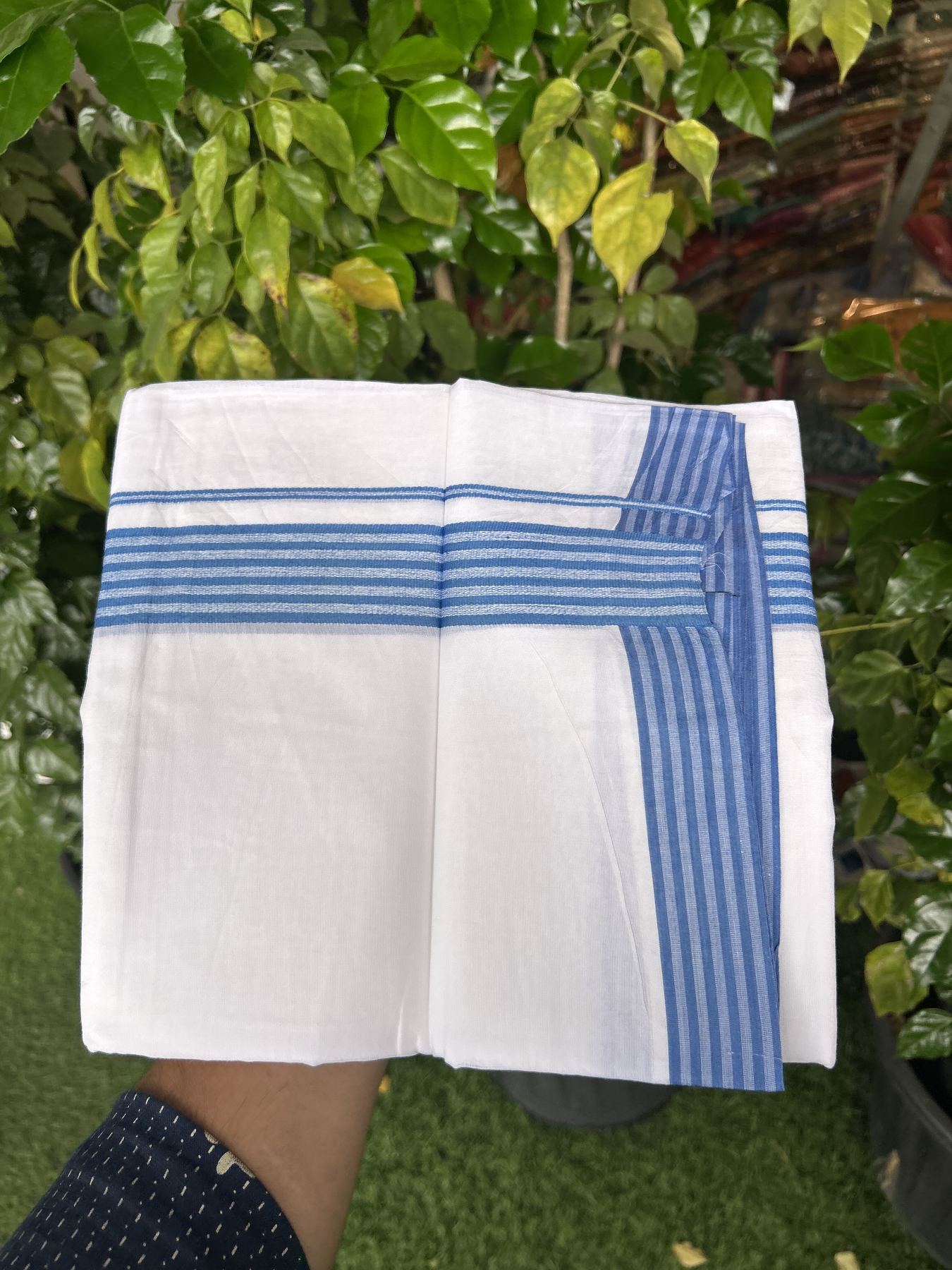 20% Discount! KaithariKada Balaramapuram 100% Cotton Double Pure white Mundu/Dhoti - 100X80 - 1.5 inch Blue shaded Striped kara - 4 mtr ( 8.5 muzham) - 41 KK5341 VIN