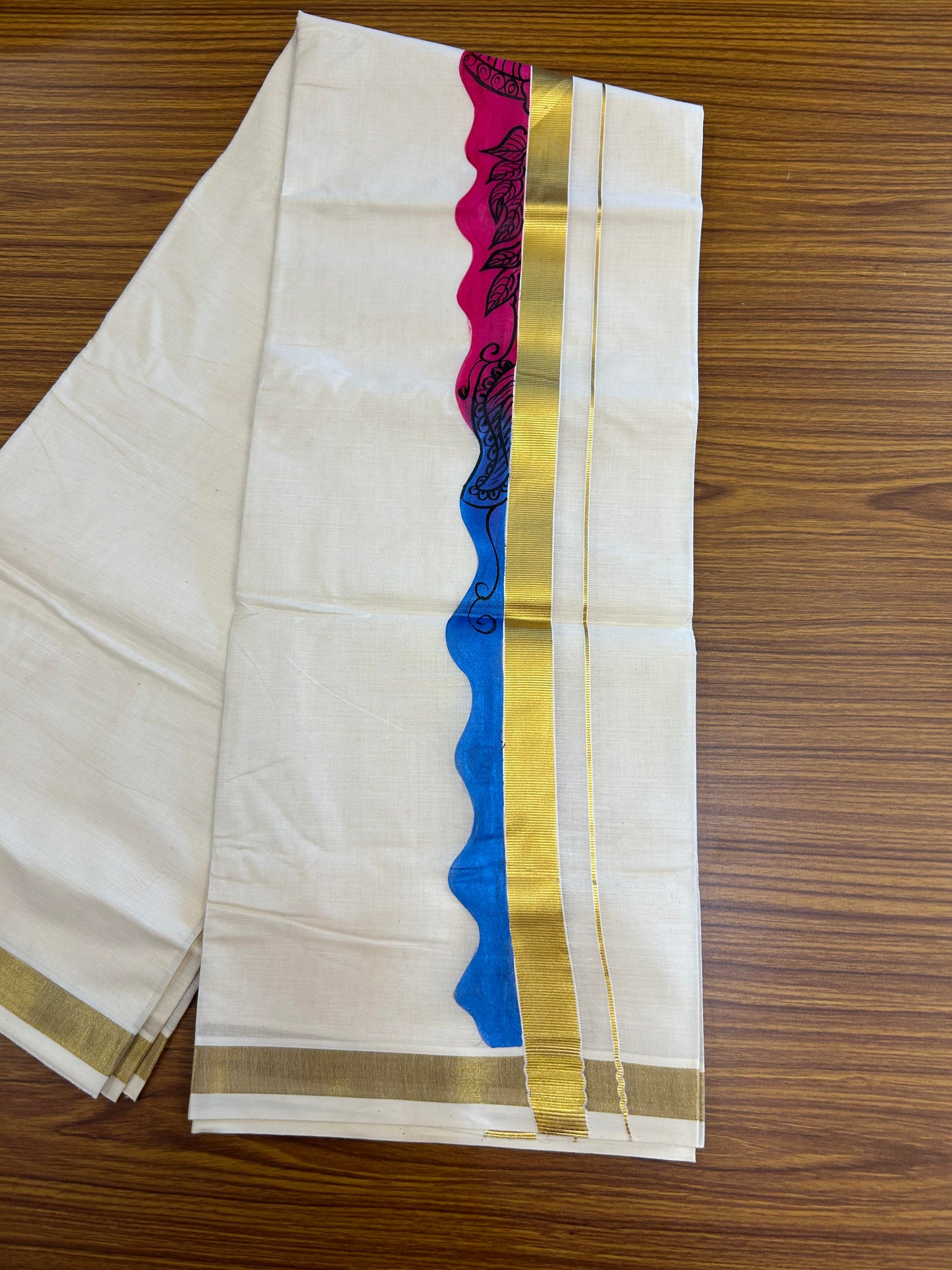 20% Discount! KaithariKada Balaramapuram 100% Cotton off white Double - (Unbleached) Mundu/Dhoti (80s) - 1 Inch Gold Kasavu Hand Painted Blue & Magenta Kadhakali - 28 KK5363 VIN