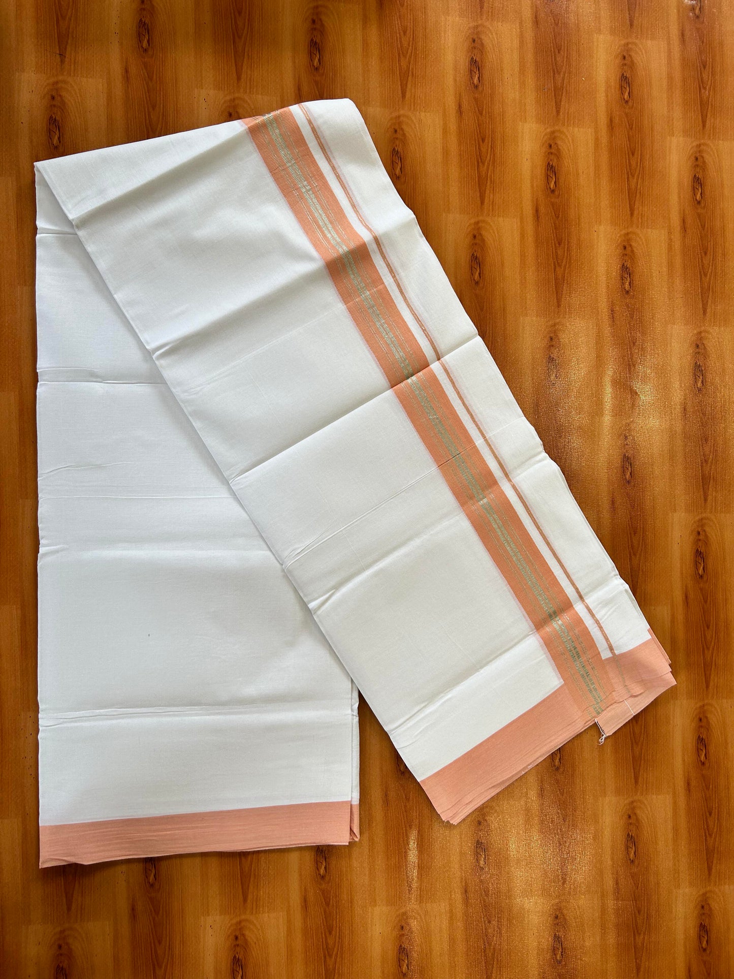 Pure White Double Mundu/Dhoti - 20% Discount ! Kaitharikada 100% Cotton - 100x80 - 1.75 inch Silver Kasav & Peach Orange Stripes Kara 3.80 mtr (8 muzham) - 15 KK5456 THI