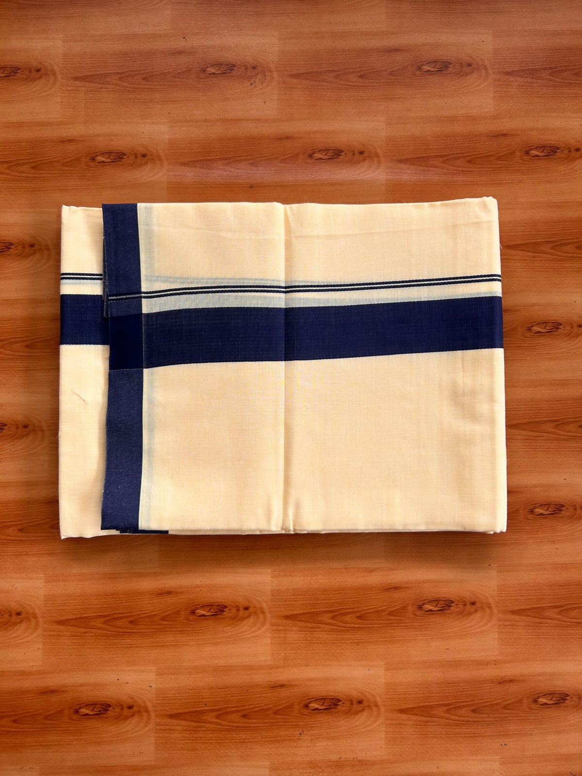 Kannur Yellow Double Mundu/Dhoti - 20% Discount! KaithariKada - 60s - 50% Cotton & 50% Polyester - Kannur Yellow Colour Body with 1.25 inch Navy Blue Kara - 4 mtr (8.5 muzham) - 4 KK5522 VAS