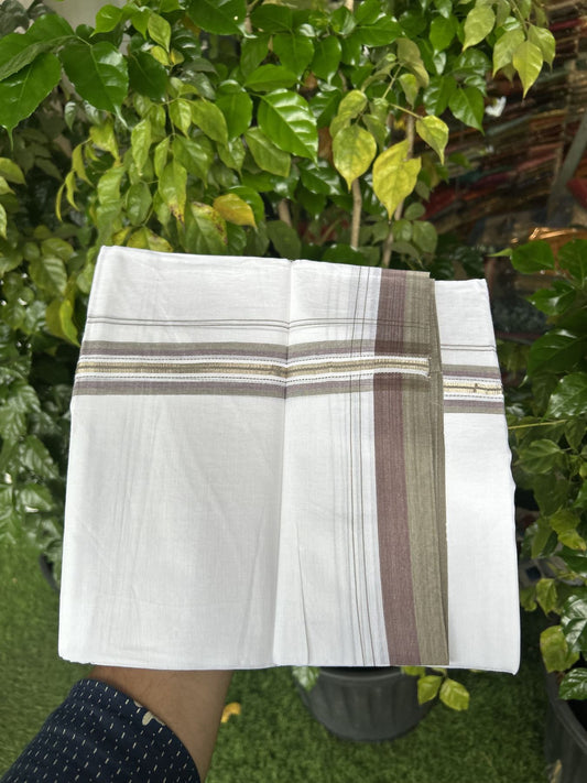 20% Discount! KaithariKada Balaramapuram 100% Cotton Double Pure white Mundu/Dhoti - 100X80 - 1.5 inch Silver Sage Green & Wine Purple shaded Stripes kara - 4 mtr ( 8.5 muzham) - 133 KK5341 VIN