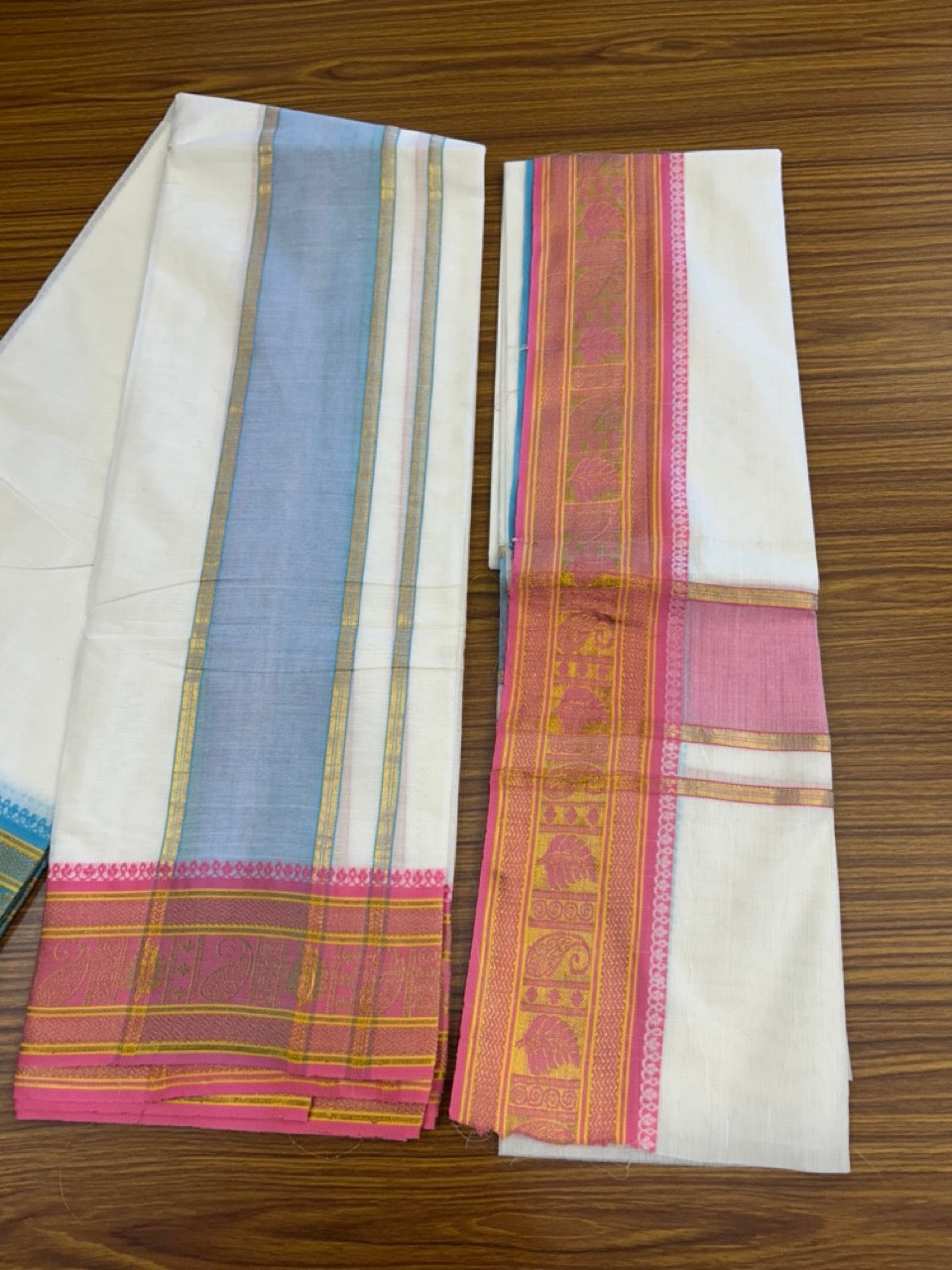 20% Discount! KaithariKada Mixed Cotton Off White - (Unbleached) 80x90 thread - North Indian - Gamcha 8x4 - 4 inch kara with Light Blue & Rani Pink Yellow Gold Kasav Jacquard border - 7 KK5308 PMC