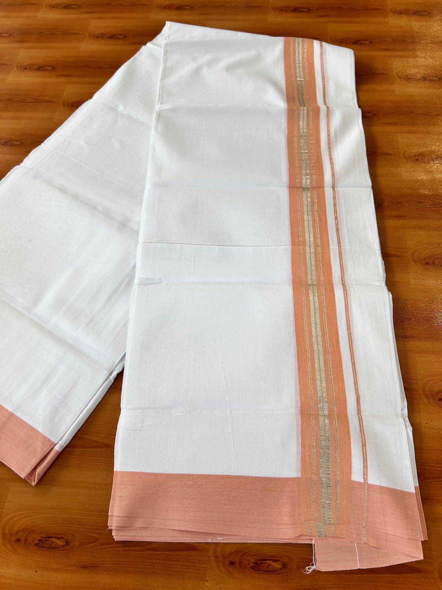 Pure White Double Mundu/Dhoti - 20% Discount ! Kaitharikada 100% Cotton - 100x80 - 1.75 inch Silver Kasav & Peach Orange Stripes Kara 3.80 mtr (8 muzham) - 15 KK5456 THI