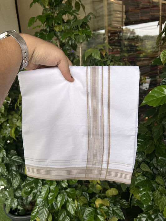 20% Discount! KaithariKada Balaramapuram 100% Cotton Double Pure white Mundu/Dhoti - 100X80 - 1.25 inch Sand Brown Stripes Chutty kara - 4 mtr ( 8.5 muzham) - 103 KK5341 VIN