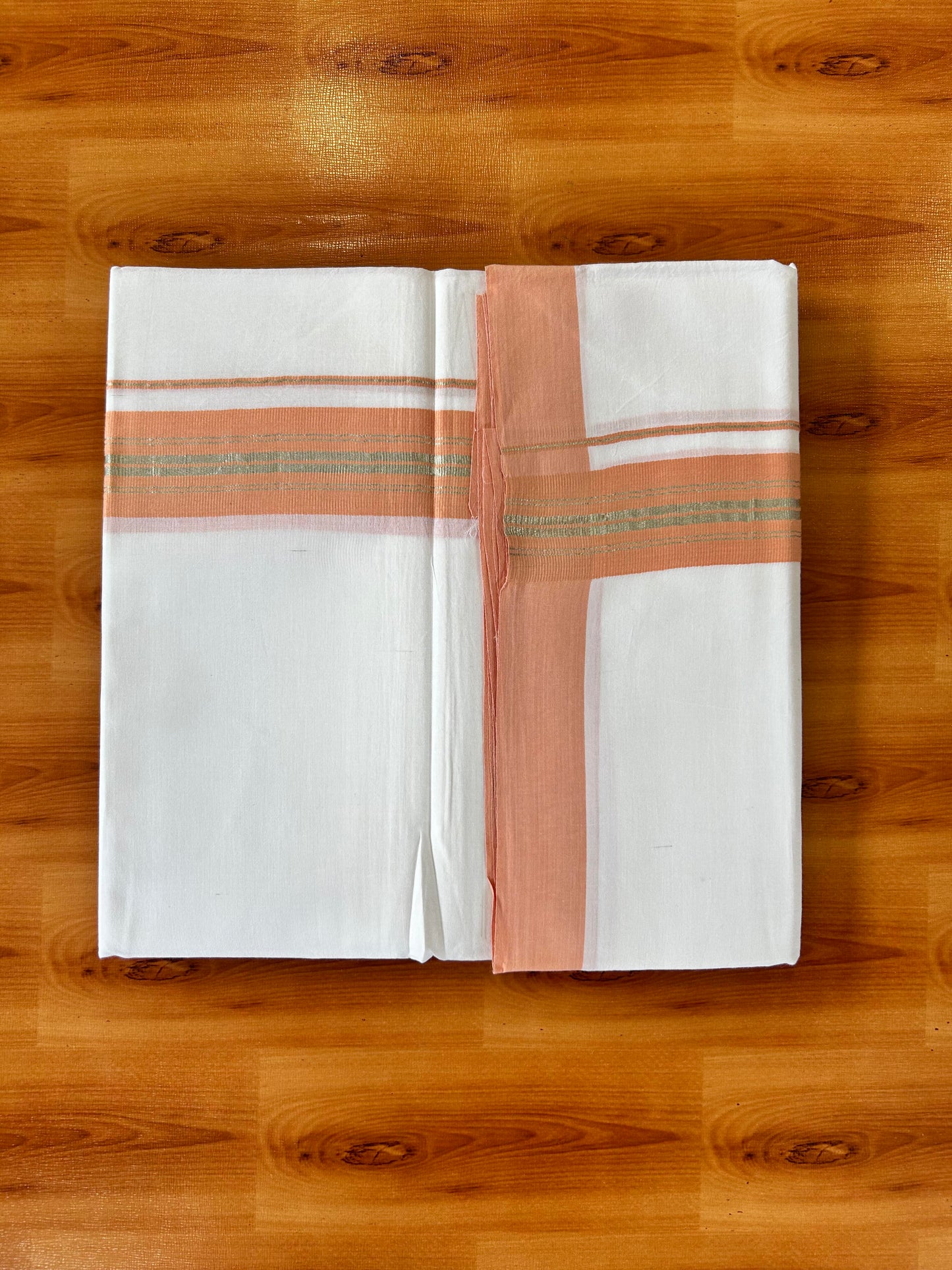 Pure White Double Mundu/Dhoti - 20% Discount ! Kaitharikada 100% Cotton - 100x80 - 1.75 inch Silver Kasav & Peach Orange Stripes Kara 3.80 mtr (8 muzham) - 15 KK5456 THI