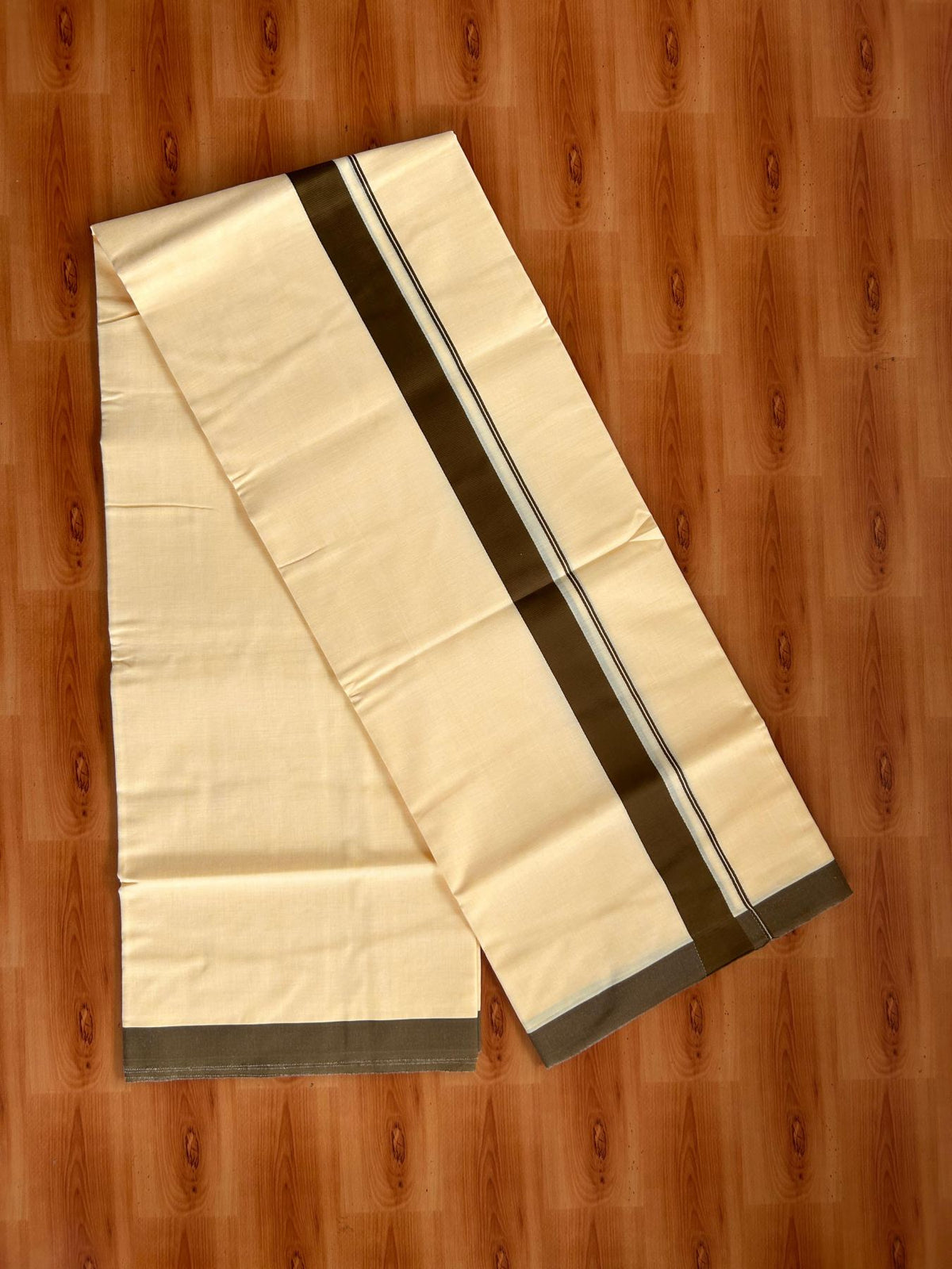 Kannur Yellow Double Mundu/Dhoti - 20% Discount! KaithariKada - 60s - 50% Cotton & 50% Polyester - Kannur Yellow Colour Body with 1.25 inch Olive Brown Kara - 4 mtr (8.5 muzham) - 5 KK5522 VAS