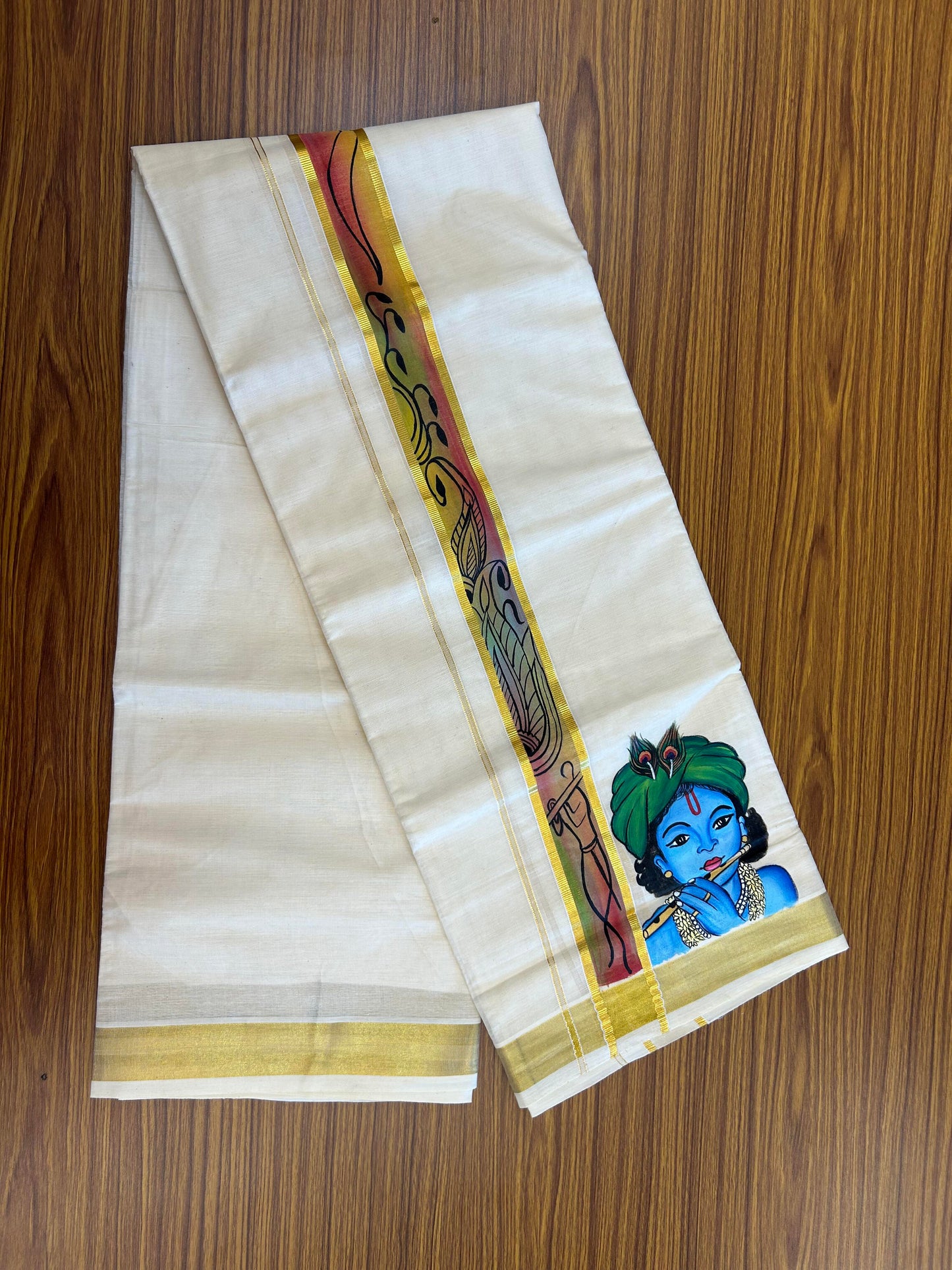 20% Discount! KaithariKada Balaramapuram 100% Cotton off white Double - (Unbleached) Mundu/Dhoti (80s) - 1.75 Inch Gold Kasavu Hand Painted Red Green Leaf & Krishna - 85 KK5363 VIN