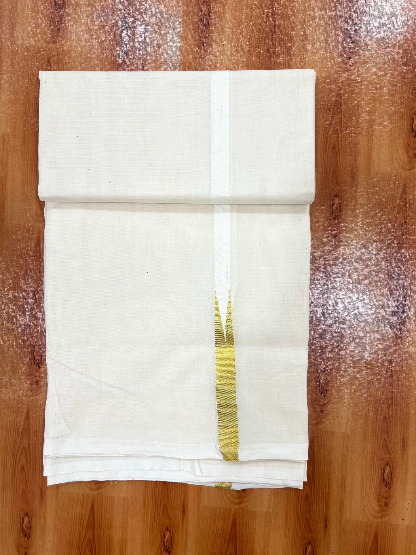 Double Off white Mundu/Dhoti - 20% Discount! KaithariKada Balaramapuram 100% Cotton - 100x100 - 0.5 inch Puliyilakkara Gold Kasav Chutty Kara - 4 mtr (8.5 muzham) - 10 KK5401 ASH