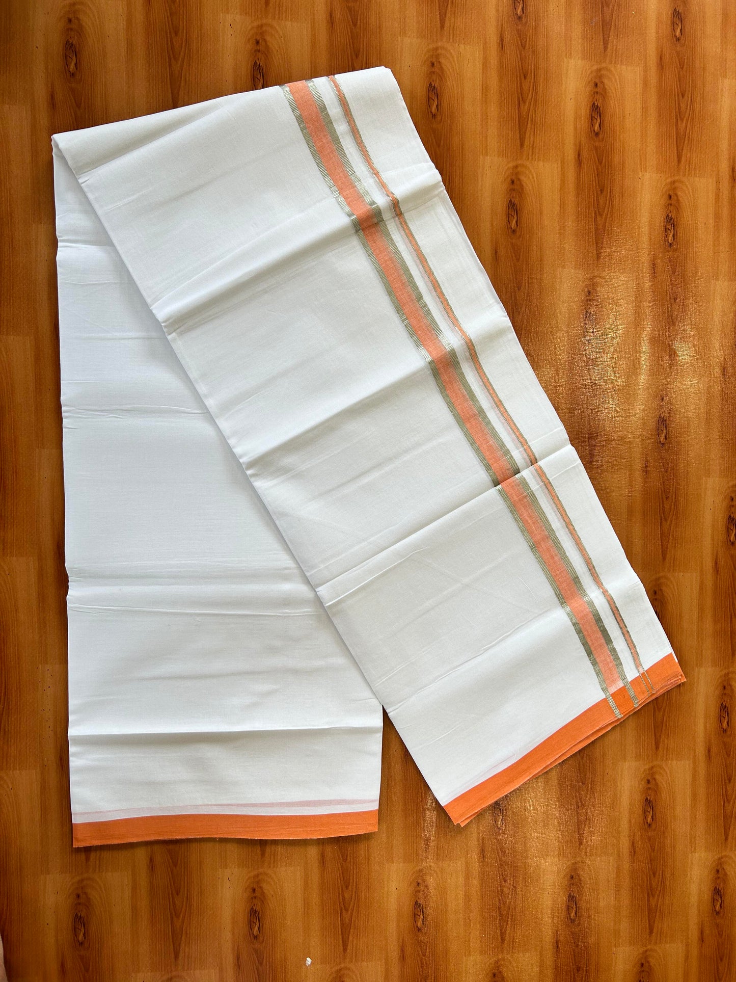 Pure White Double Mundu/Dhoti - 20% Discount ! Kaitharikada 100% Cotton - 100x80 - 1 inch Silver Kasav & Shaded Light Orange Kara 3.80 mtr (8 muzham) - 31 KK5456 THI