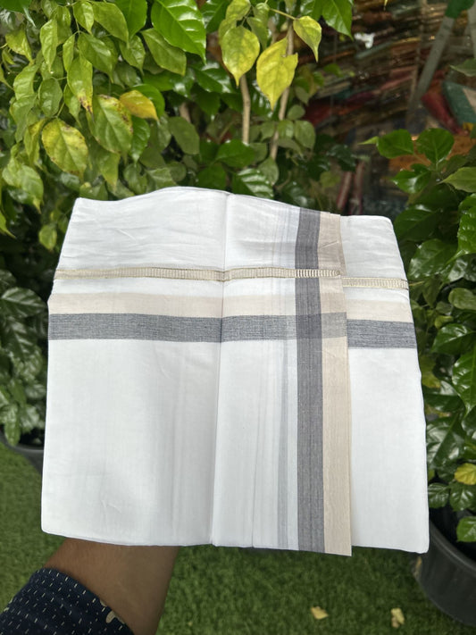 20% Discount! KaithariKada Balaramapuram 100% Cotton Double Pure white Mundu/Dhoti - 100X80 - 1.25 inch Silver Kasav Navy Blue & Light Sand Brown shaded kara - 4 mtr ( 8.5 muzham) - 86 KK5341 VIN