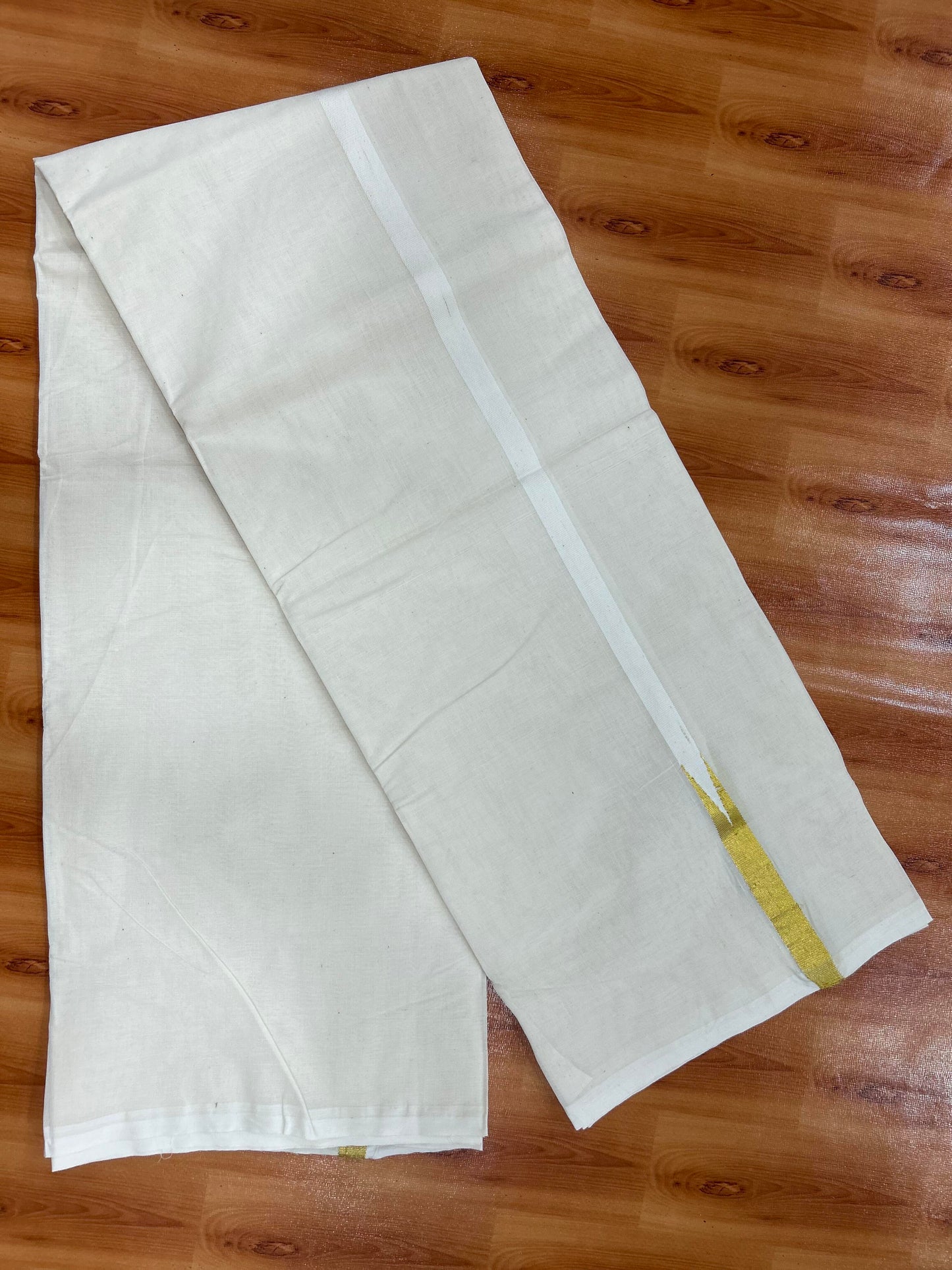 Double Off white Mundu/Dhoti - 20% Discount! KaithariKada Balaramapuram 100% Cotton - 100x100 - 0.5 inch Puliyilakkara Gold Kasav Chutty Kara - 4 mtr (8.5 muzham) - 10 KK5401 ASH