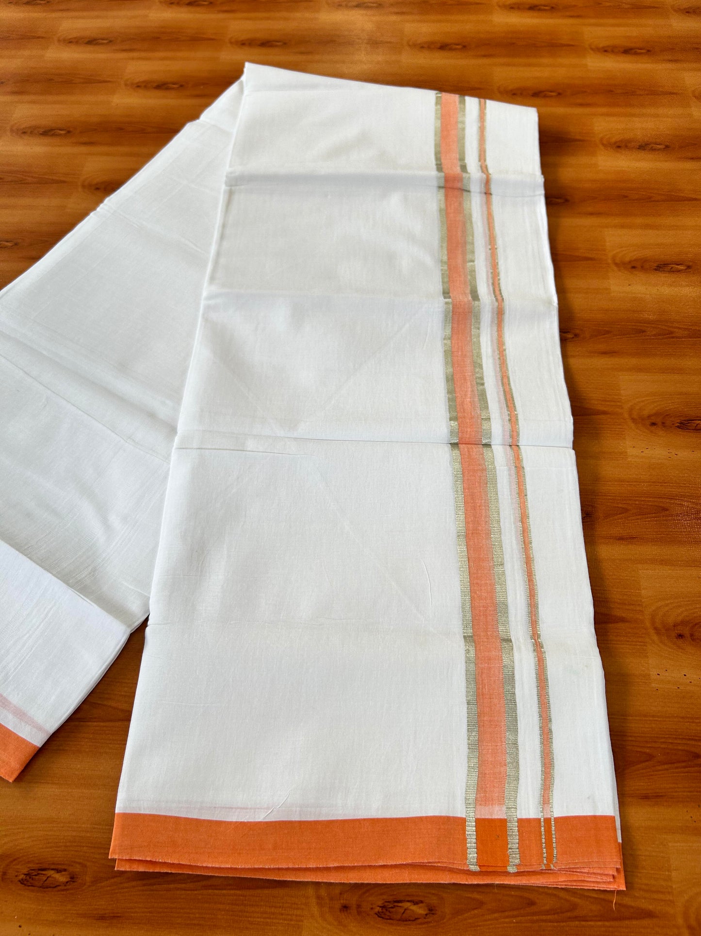 Pure White Double Mundu/Dhoti - 20% Discount ! Kaitharikada 100% Cotton - 100x80 - 1 inch Silver Kasav & Shaded Light Orange Kara 3.80 mtr (8 muzham) - 31 KK5456 THI