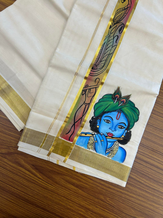 20% Discount! KaithariKada Balaramapuram 100% Cotton off white Double - (Unbleached) Mundu/Dhoti (80s) - 1.75 Inch Gold Kasavu Hand Painted Red Green Leaf & Krishna - 85 KK5363 VIN