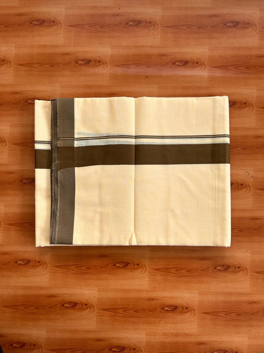 Kannur Yellow Double Mundu/Dhoti - 20% Discount! KaithariKada - 60s - 50% Cotton & 50% Polyester - Kannur Yellow Colour Body with 1.25 inch Olive Brown Kara - 4 mtr (8.5 muzham) - 5 KK5522 VAS