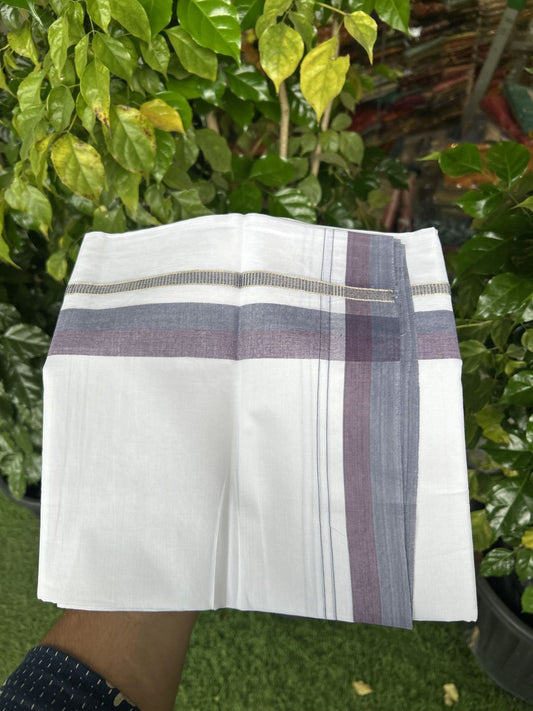 20% Discount! KaithariKada Balaramapuram 100% Cotton Double Pure white Mundu/Dhoti - 100X80 - 1.25 inch Silver Kasav Ash Blue & Purple shaded kara - 4 mtr ( 8.5 muzham) - 91 KK5341 VIN