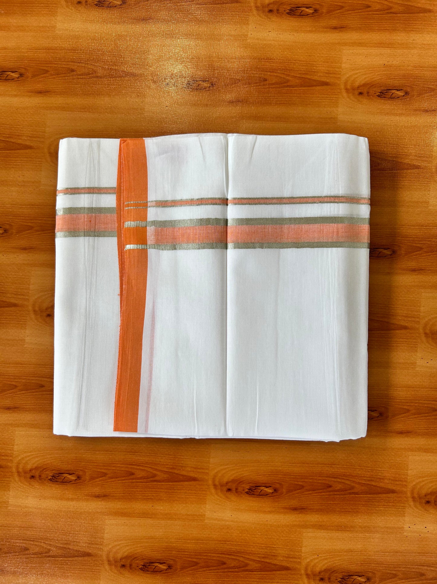 Pure White Double Mundu/Dhoti - 20% Discount ! Kaitharikada 100% Cotton - 100x80 - 1 inch Silver Kasav & Shaded Light Orange Kara 3.80 mtr (8 muzham) - 31 KK5456 THI
