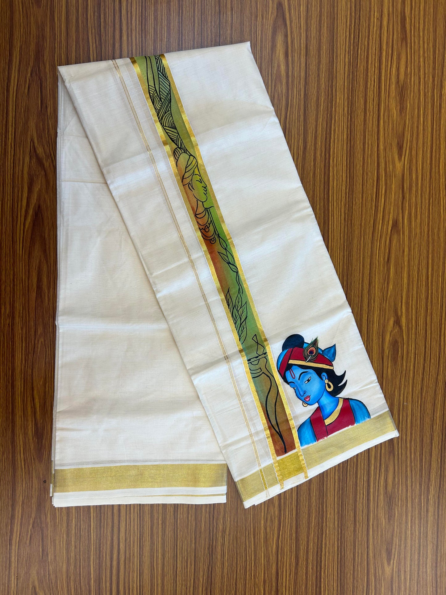 20% Discount! KaithariKada Balaramapuram 100% Cotton off white Double - (Unbleached) Mundu/Dhoti (80s) - 1.75 Inch Gold Kasavu Hand Painted Red Green Leaf & Krishna - 84 KK5363 VIN