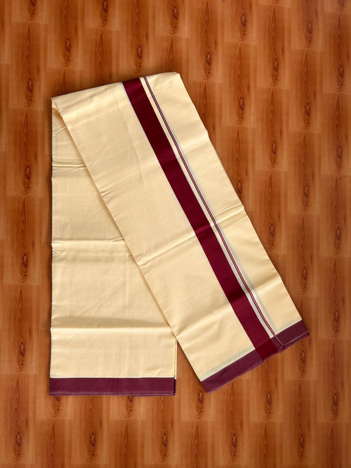 Kannur Yellow Double Mundu/Dhoti - 20% Discount! KaithariKada - 60s - 50% Cotton & 50% Polyester - Kannur Yellow Colour Body with 1.25 inch Maroon Kara - 4 mtr (8.5 muzham) - 6 KK5522 VAS