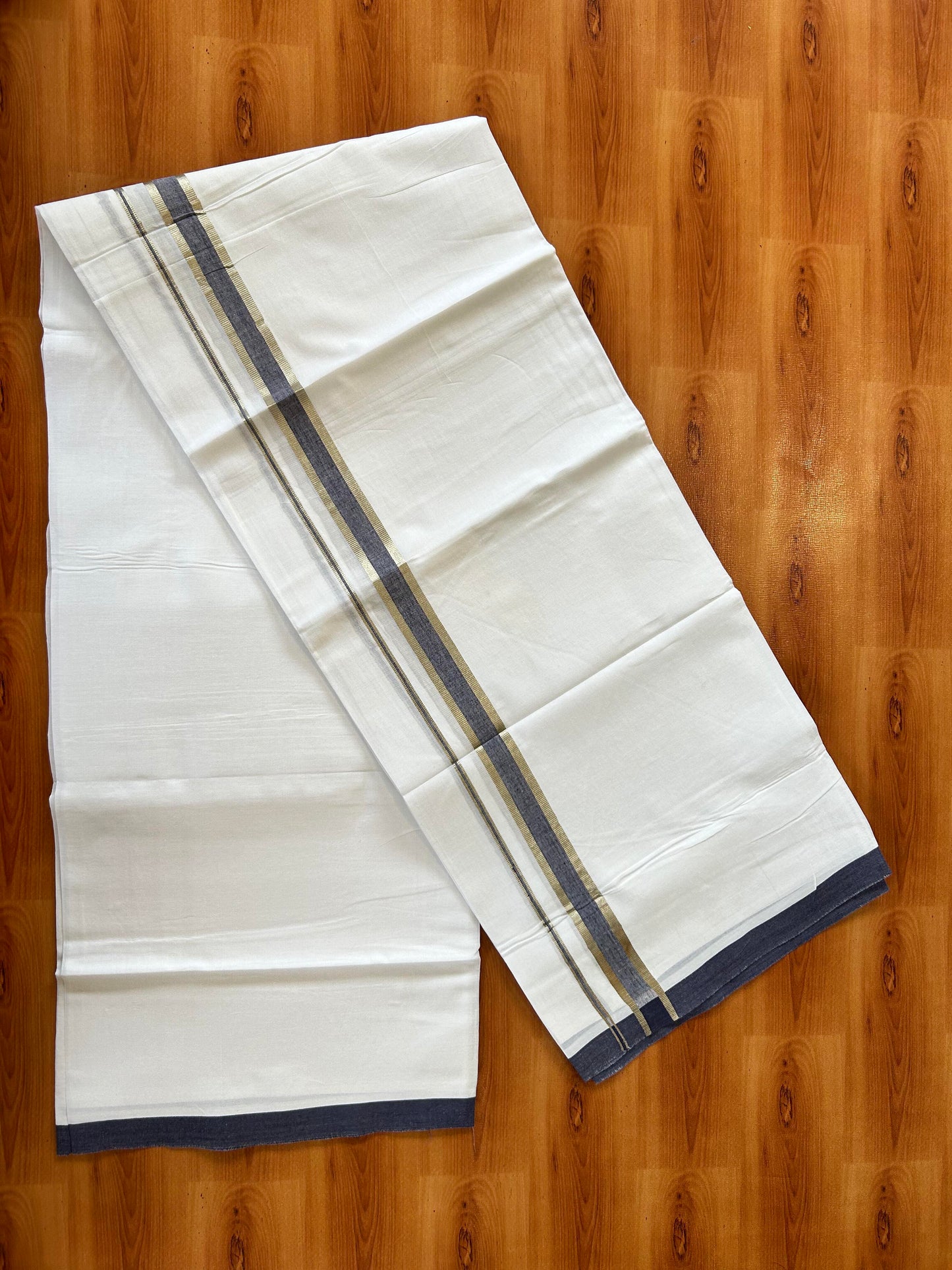 Pure White Double Mundu/Dhoti - 20% Discount ! Kaitharikada 100% Cotton - 100x80 - 1 inch Silver Kasav & Navy Blue Kara 3.80 mtr (8 muzham) - 32 KK5456 THI