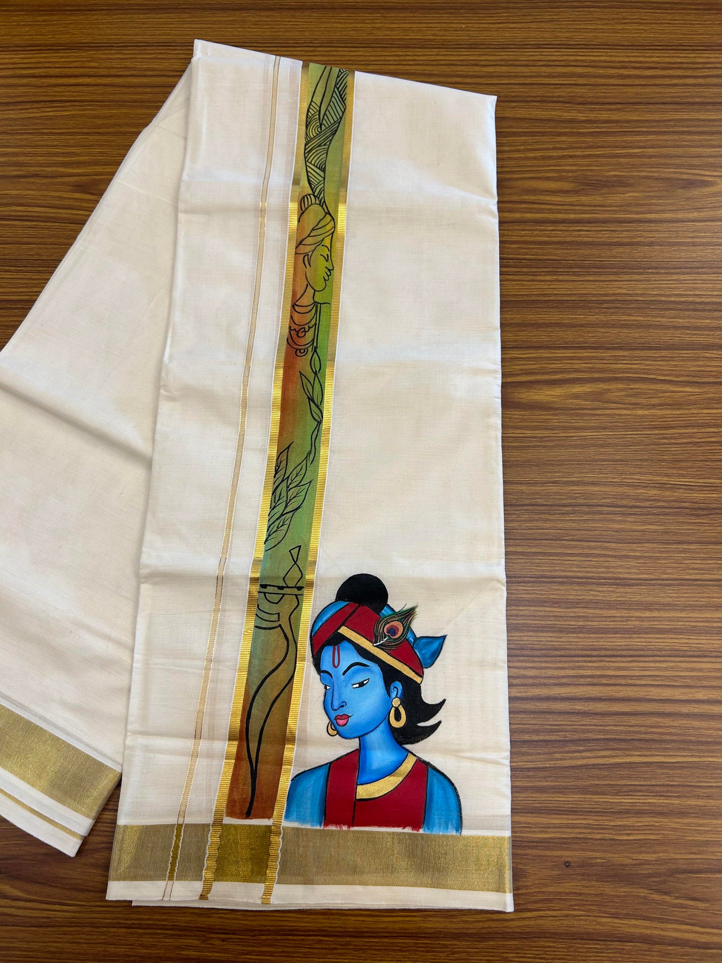 20% Discount! KaithariKada Balaramapuram 100% Cotton off white Double - (Unbleached) Mundu/Dhoti (80s) - 1.75 Inch Gold Kasavu Hand Painted Red Green Leaf & Krishna - 84 KK5363 VIN