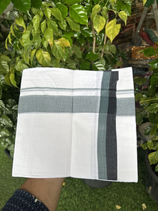 20% Discount! KaithariKada Balaramapuram 100% Cotton Double Pure white Mundu/Dhoti - 100X80 - 1.5 inch Mint green & Black shaded striped kara - 4 mtr ( 8.5 muzham) - 45 KK5341 VIN