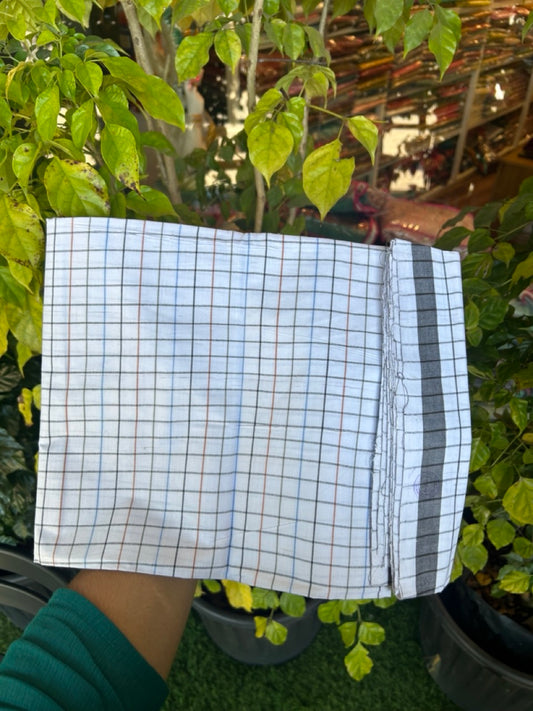 10% DISCOUNT ! KaithariKada Kalamachal 100% Pure Cotton - (80X80) Twisted Thread Handloom Single Mundu/Dhoti - White Check COLOUR  BODY & Black Blue Brown striped Kara- 4 KK5308 KAL