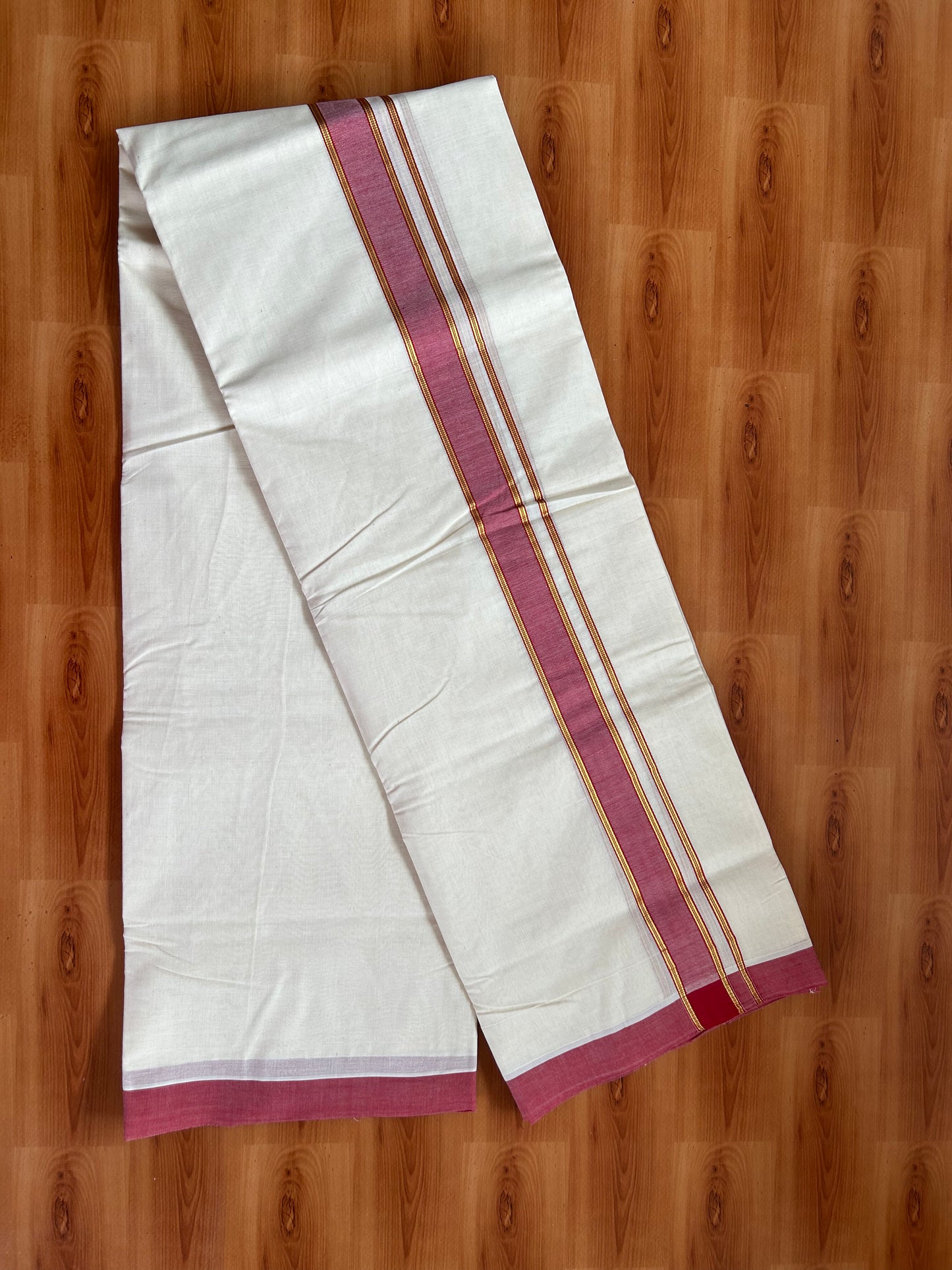 20% Discount!! KaithariKada Balaramapuram 100% Cotton Double Off White - (Unbleached) Mundu/Dhoti-100x80 - 1.25 inch Gold Kasav & Red Shaded Striped Kara- 3.75 mtr (8 Muzham) - 34 KK5381 ASH
