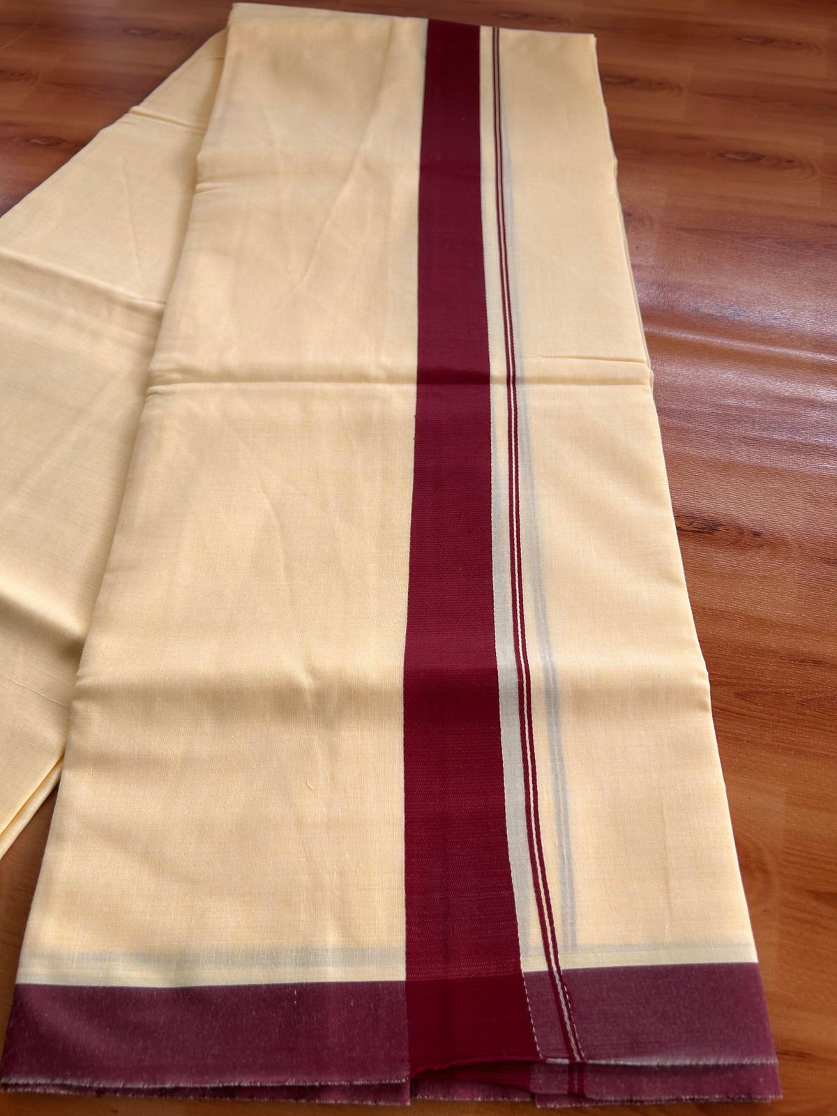 Kannur Yellow Double Mundu/Dhoti - 20% Discount! KaithariKada - 60s - 50% Cotton & 50% Polyester - Kannur Yellow Colour Body with 1.25 inch Maroon Kara - 4 mtr (8.5 muzham) - 6 KK5522 VAS