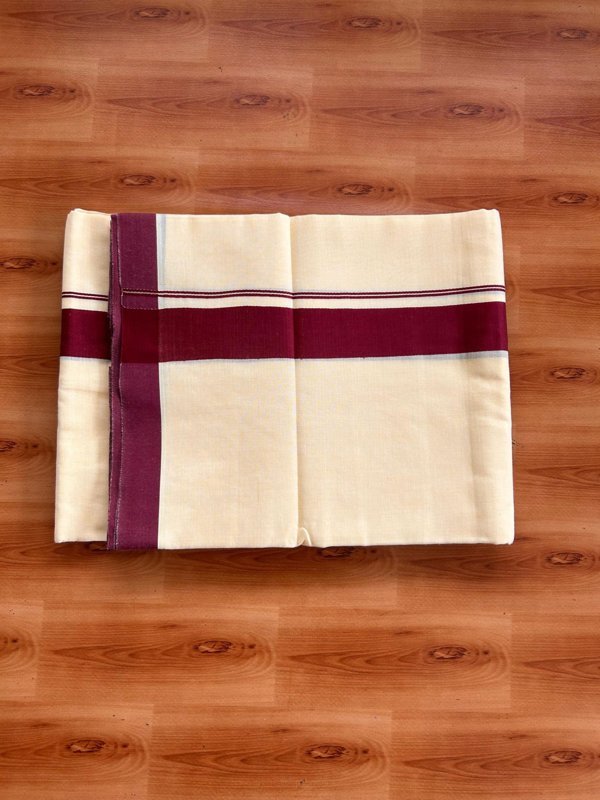 Kannur Yellow Double Mundu/Dhoti - 20% Discount! KaithariKada - 60s - 50% Cotton & 50% Polyester - Kannur Yellow Colour Body with 1.25 inch Maroon Kara - 4 mtr (8.5 muzham) - 6 KK5522 VAS