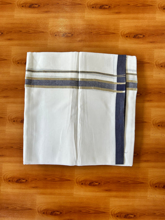 Pure White Double Mundu/Dhoti - 20% Discount ! Kaitharikada 100% Cotton - 100x80 - 1 inch Silver Kasav & Navy Blue Kara 3.80 mtr (8 muzham) - 32 KK5456 THI