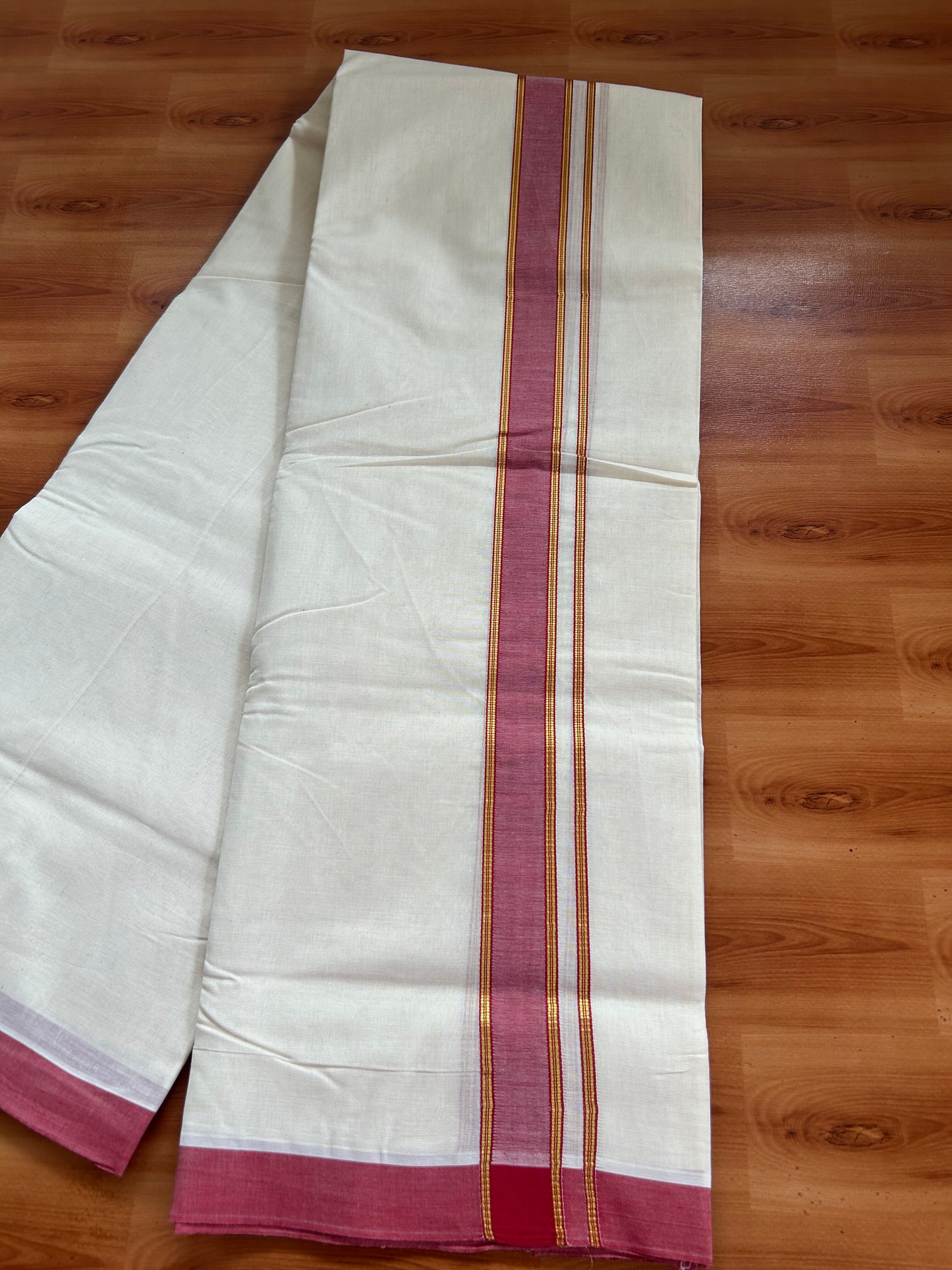 20% Discount!! KaithariKada Balaramapuram 100% Cotton Double Off White - (Unbleached) Mundu/Dhoti-100x80 - 1.25 inch Gold Kasav & Red Shaded Striped Kara- 3.75 mtr (8 Muzham) - 34 KK5381 ASH