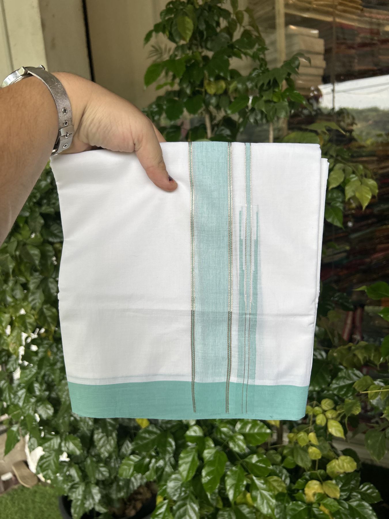 20% Discount! KaithariKada Balaramapuram 100% Cotton Double Pure white Mundu/Dhoti- 100X80 - 1.5 inch Puliyilakkara Silver Kasav & Turquoise Green Chutty Kara - 4 mtr ( 8.5 muzham) - 29 KK5341 VIN