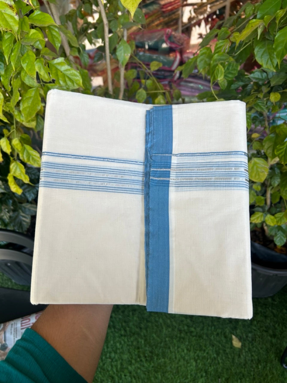 20% Discount KaithariKada Balaramapuram 100% Cotton Double Off white - (Unbleached) - Mundu/Dhoti - 100x100 - 1.25 inch Silver Kasav & Blue Shaded Striped Kara - 2 KK5308 ASH