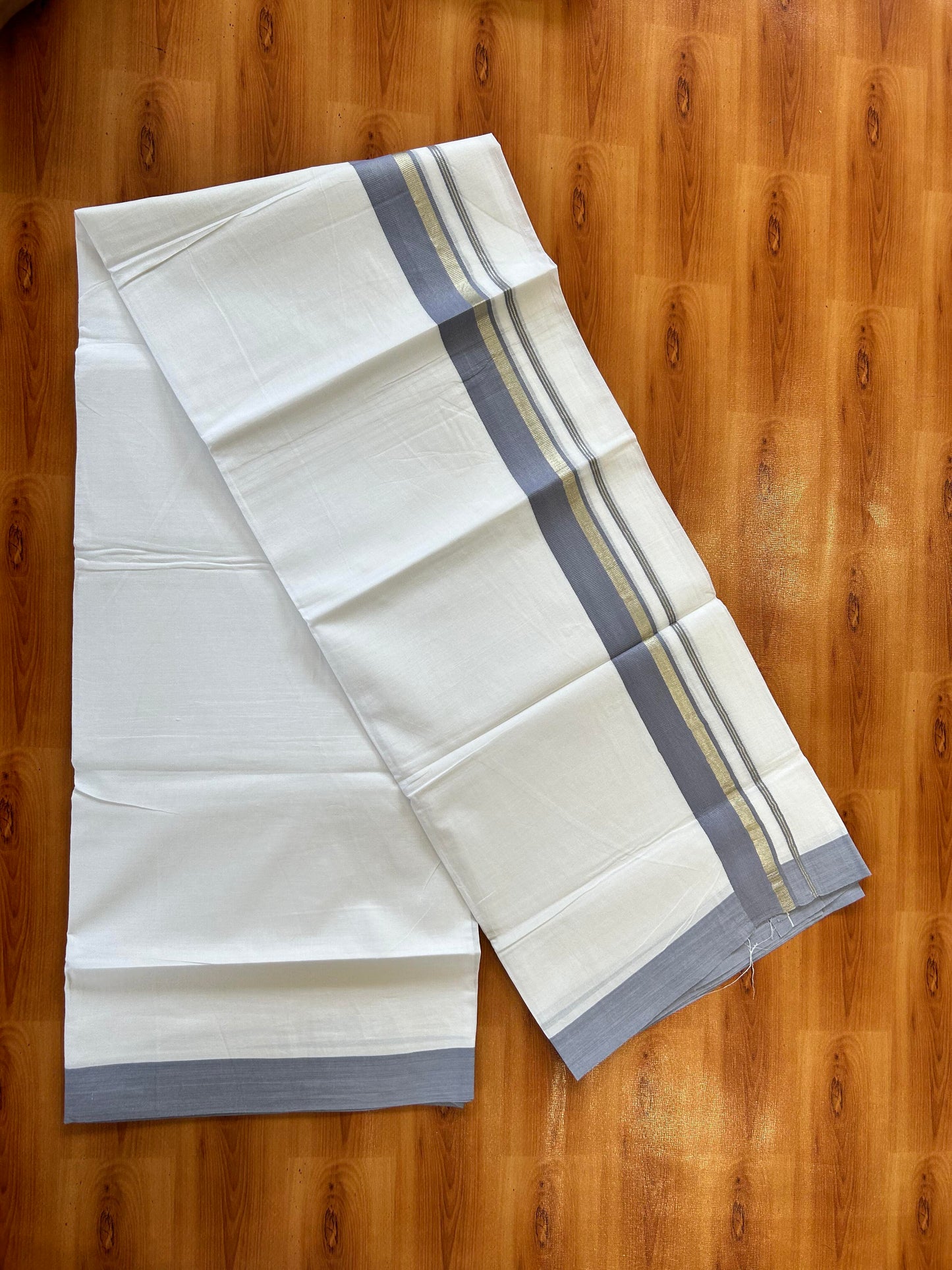 Pure White Double Mundu/Dhoti - 20% Discount ! Kaitharikada 100% Cotton - 100x80 - 1.75 inch Silver Kasav & Ash Lavander Stripes Kara 3.80 mtr (8 muzham) - 17 KK5456 THI