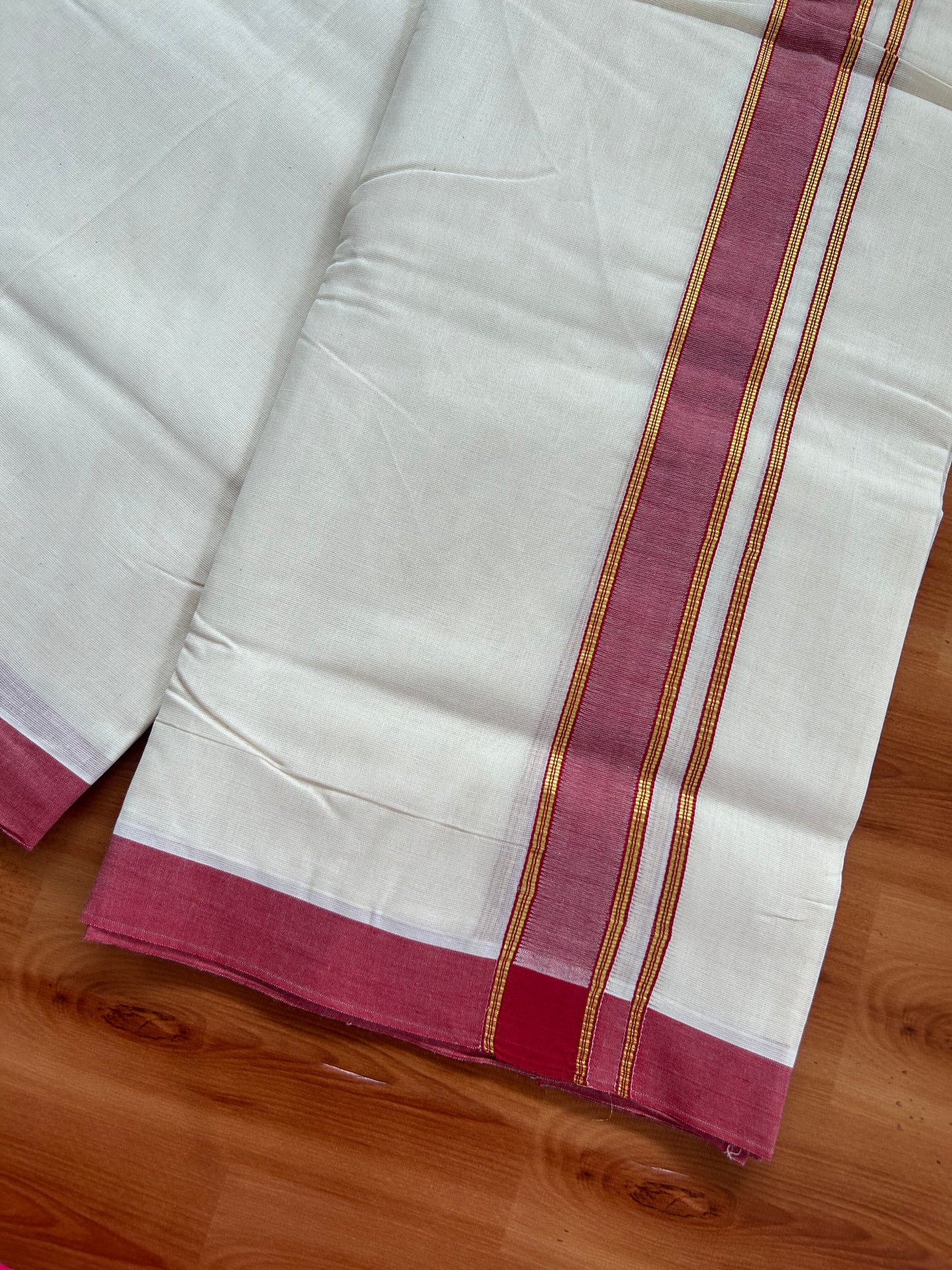 20% Discount!! KaithariKada Balaramapuram 100% Cotton Double Off White - (Unbleached) Mundu/Dhoti-100x80 - 1.25 inch Gold Kasav & Red Shaded Striped Kara- 3.75 mtr (8 Muzham) - 34 KK5381 ASH