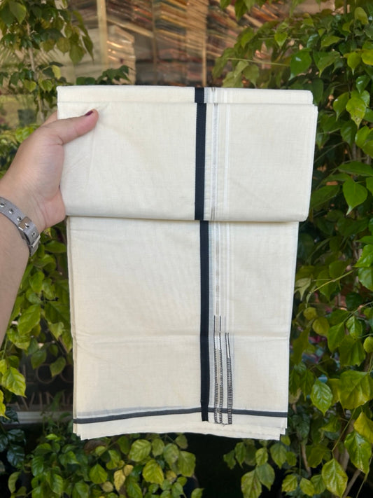 20% Discount! KaithariKada Balaramapuram 100% Cotton Off White Double (Unbleached) Mundu/Dhoti-100x100 - 1 cm Puliyilakkara Silver Kasav & Black Double Chutty Kara - 1 KK5308 ASH