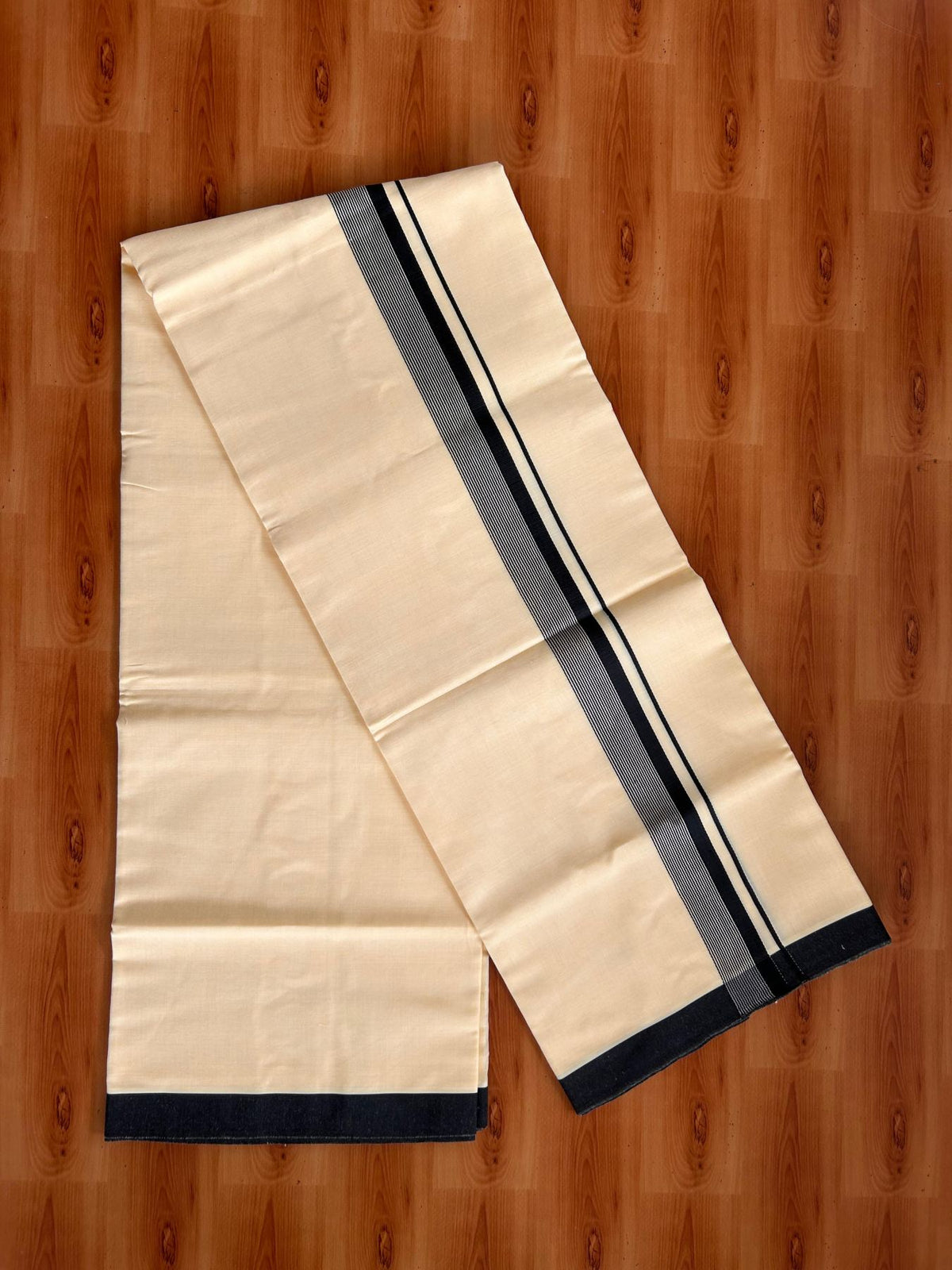 Kannur Yellow Double Mundu/Dhoti - 20% Discount! KaithariKada - 60s - 50% Cotton & 50% Polyester - Kannur Yellow Colour Body with 1.25 inch Black Striped Kara - 4 mtr (8.5 muzham) - 7 KK5522 VAS